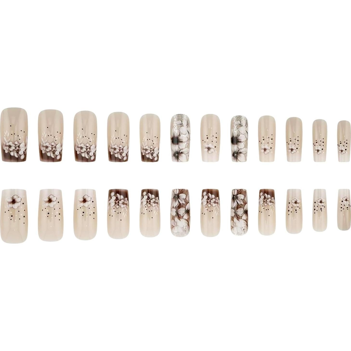 Uñas Postizas KSTBJN Primavera Francesas con Flores 24 Piezas