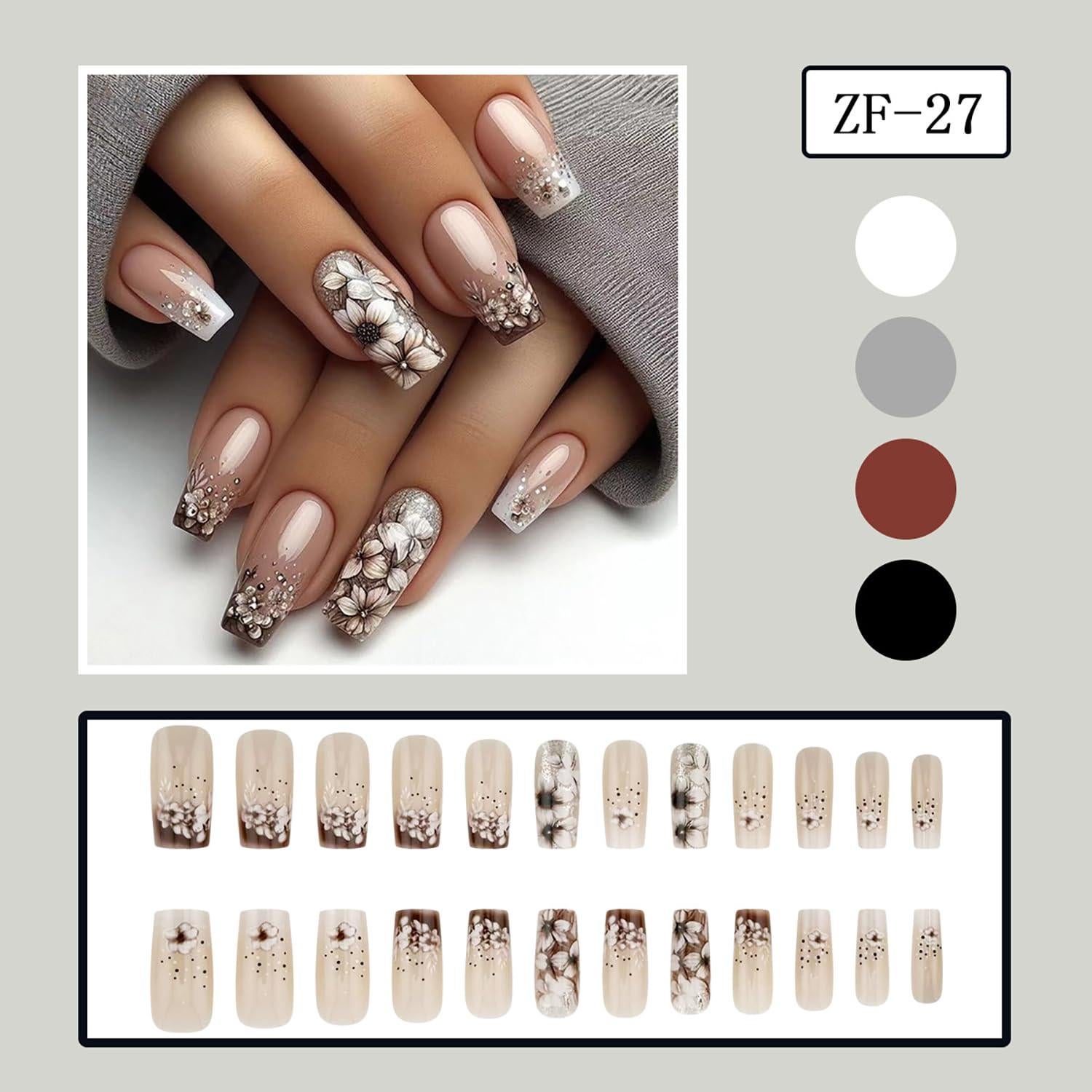 Uñas Postizas KSTBJN Primavera Francesas con Flores 24 Piezas