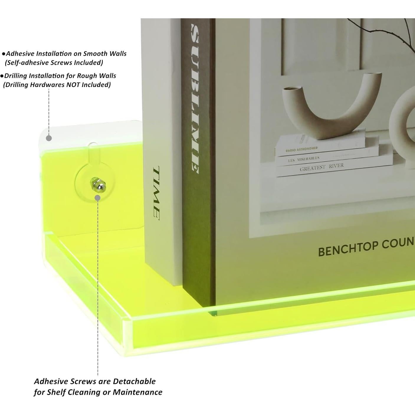 Estantes Flotantes Acrílicos HappyDino 42x14 cm Verde Neón - 2 Unidades