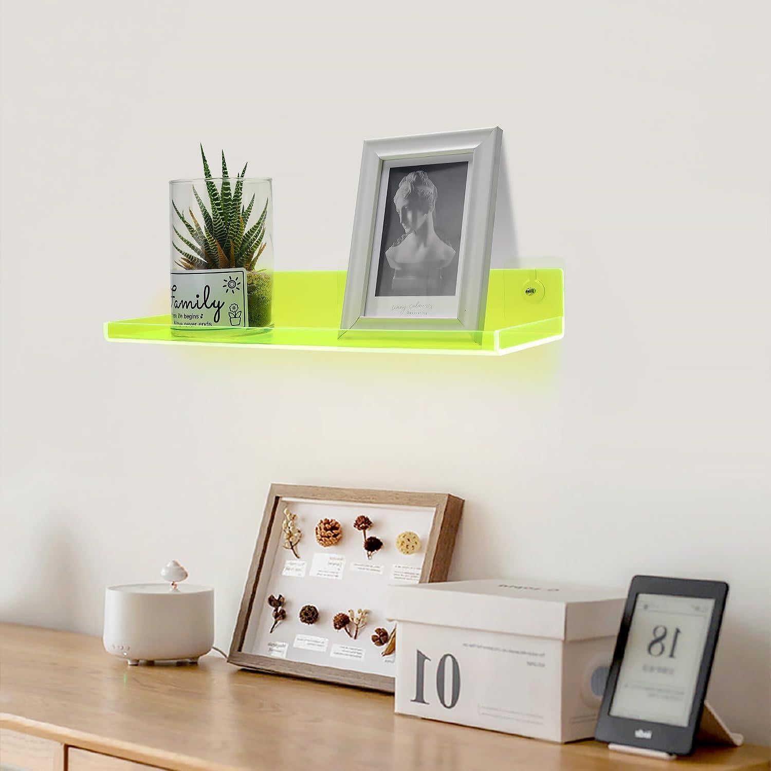 Estantes Flotantes Acrílicos HappyDino 42x14 cm Verde Neón - 2 Unidades