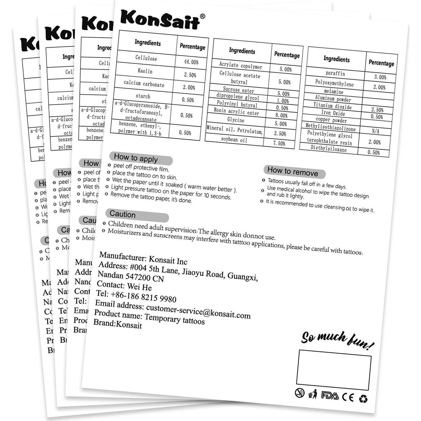 Tatuajes Temporales para Niños Konsait - 4 Hojas, 98 Diseños