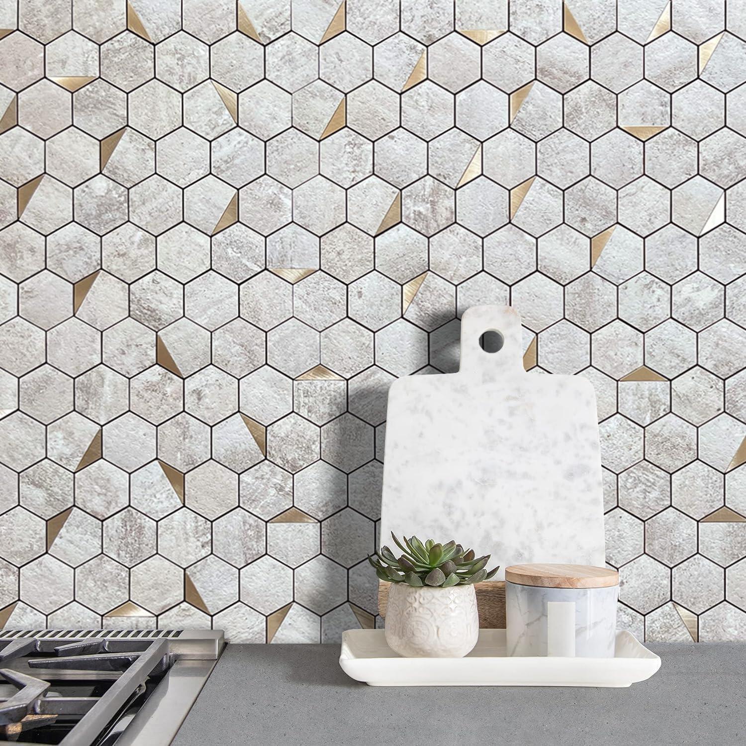 Azulejo Hexagonal Autoadhesivo DICOFUN Beige y Dorado 30.48x30.48cm