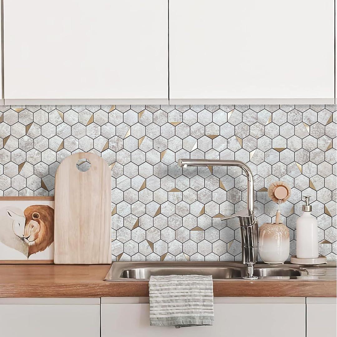 Azulejo Hexagonal Autoadhesivo DICOFUN Beige y Dorado 30.48x30.48cm