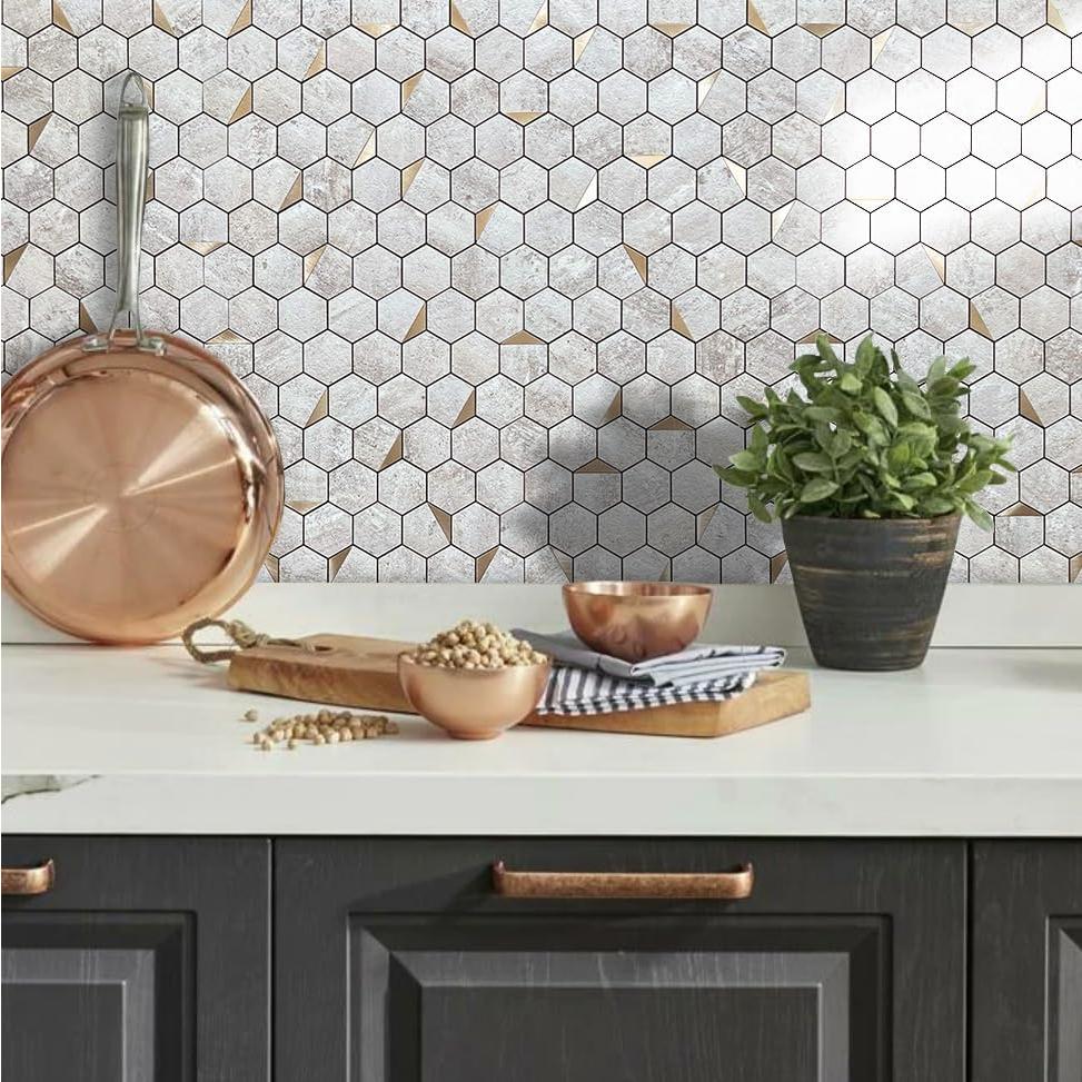 Azulejo Hexagonal Autoadhesivo DICOFUN Beige y Dorado 30.48x30.48cm