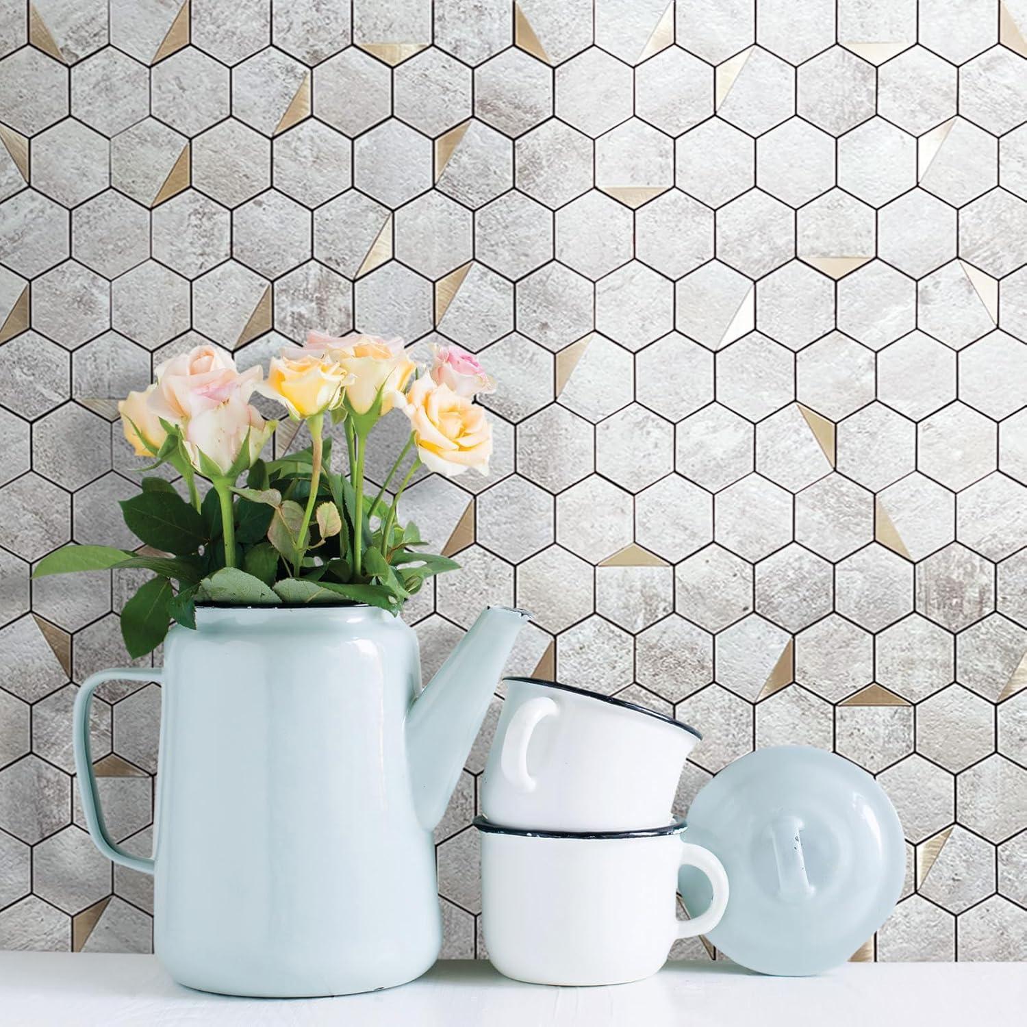 Azulejo Hexagonal Autoadhesivo DICOFUN Beige y Dorado 30.48x30.48cm