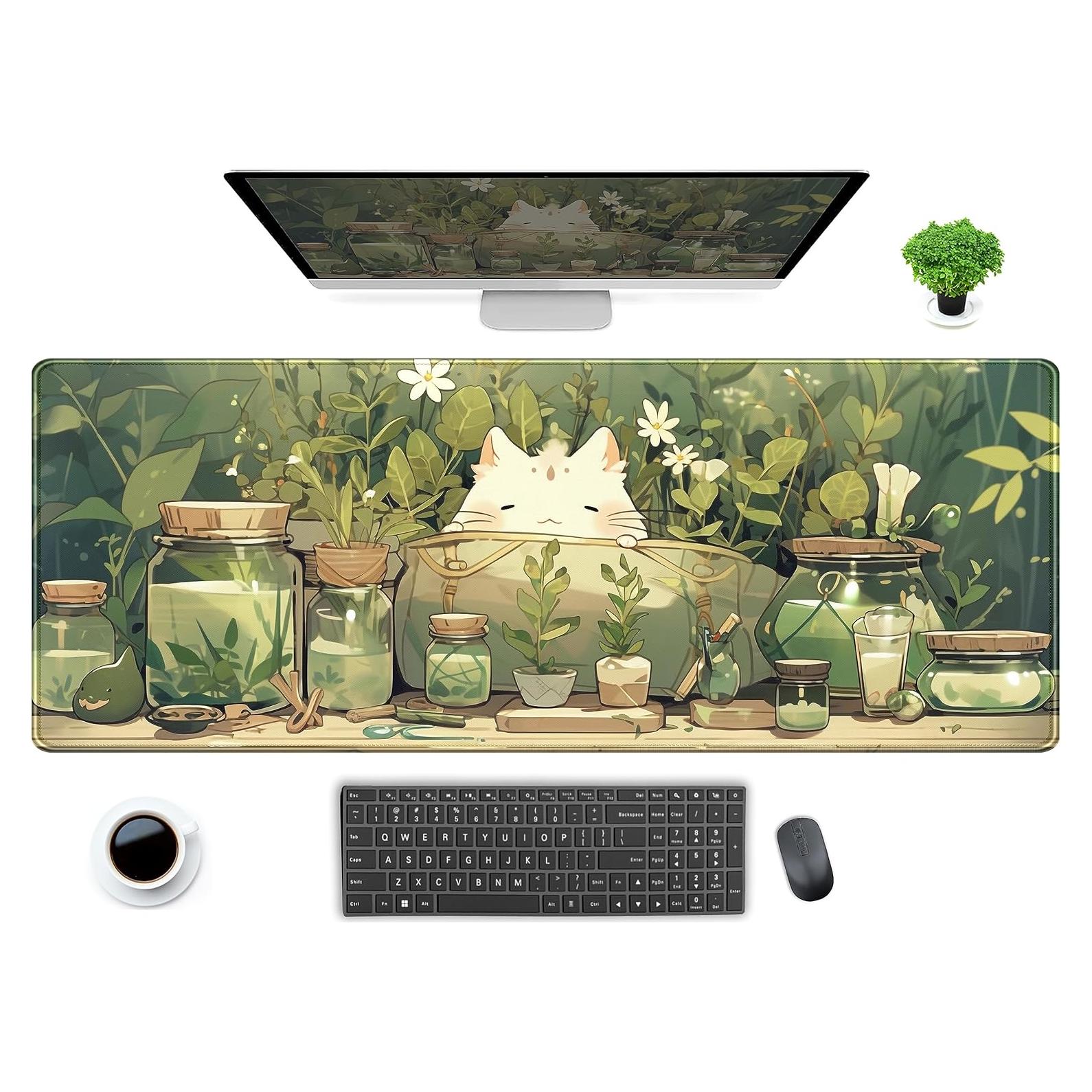 Alfombrilla de Ratón Grande DCJJM 80x30 cm Gato Kawaii Verde