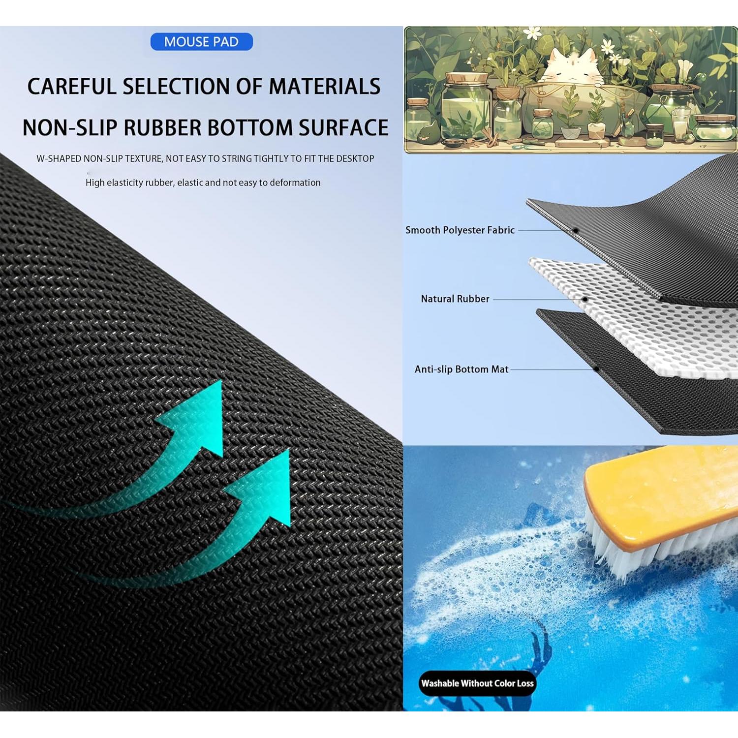 Alfombrilla de Ratón Grande DCJJM 80x30 cm Gato Kawaii Verde