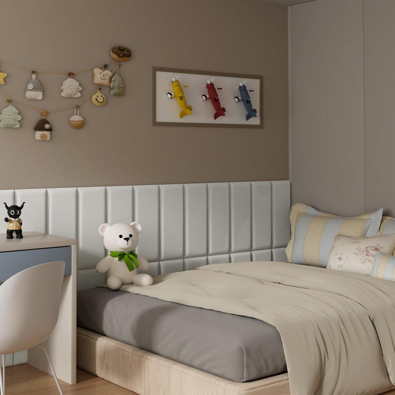 Cabecera Tapizada Beige Greymond 4 Piezas Acolchada Adhesiva