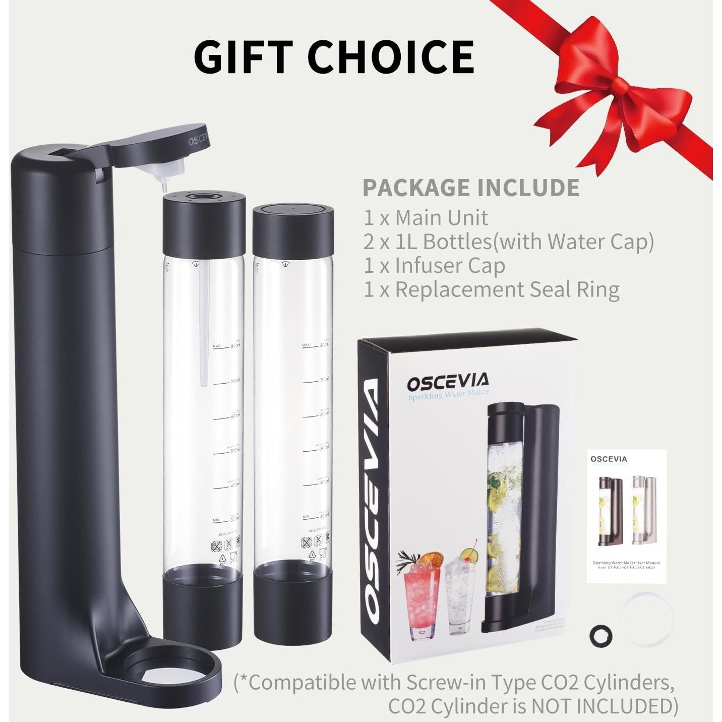 Máquina de Soda OSCEVIA 1L Manual, 2 Botellas Sin BPA, Negro