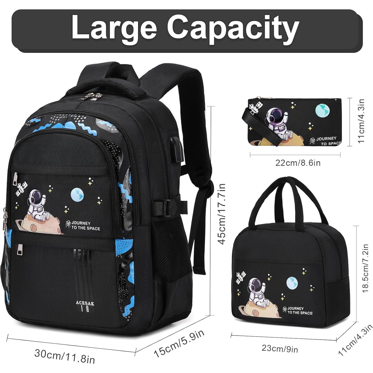 Mochila Escolar ACESAK Negra Impermeable 30x15x45 cm con Almuerzo