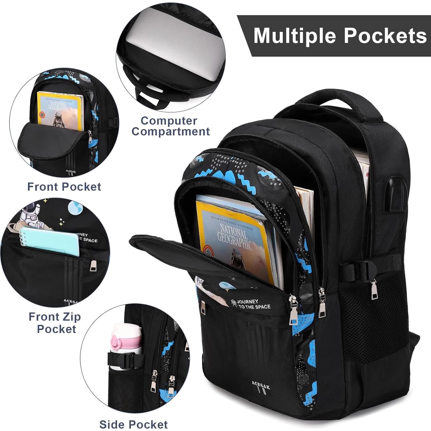 Mochila Escolar ACESAK Negra Impermeable 30x15x45 cm con Almuerzo