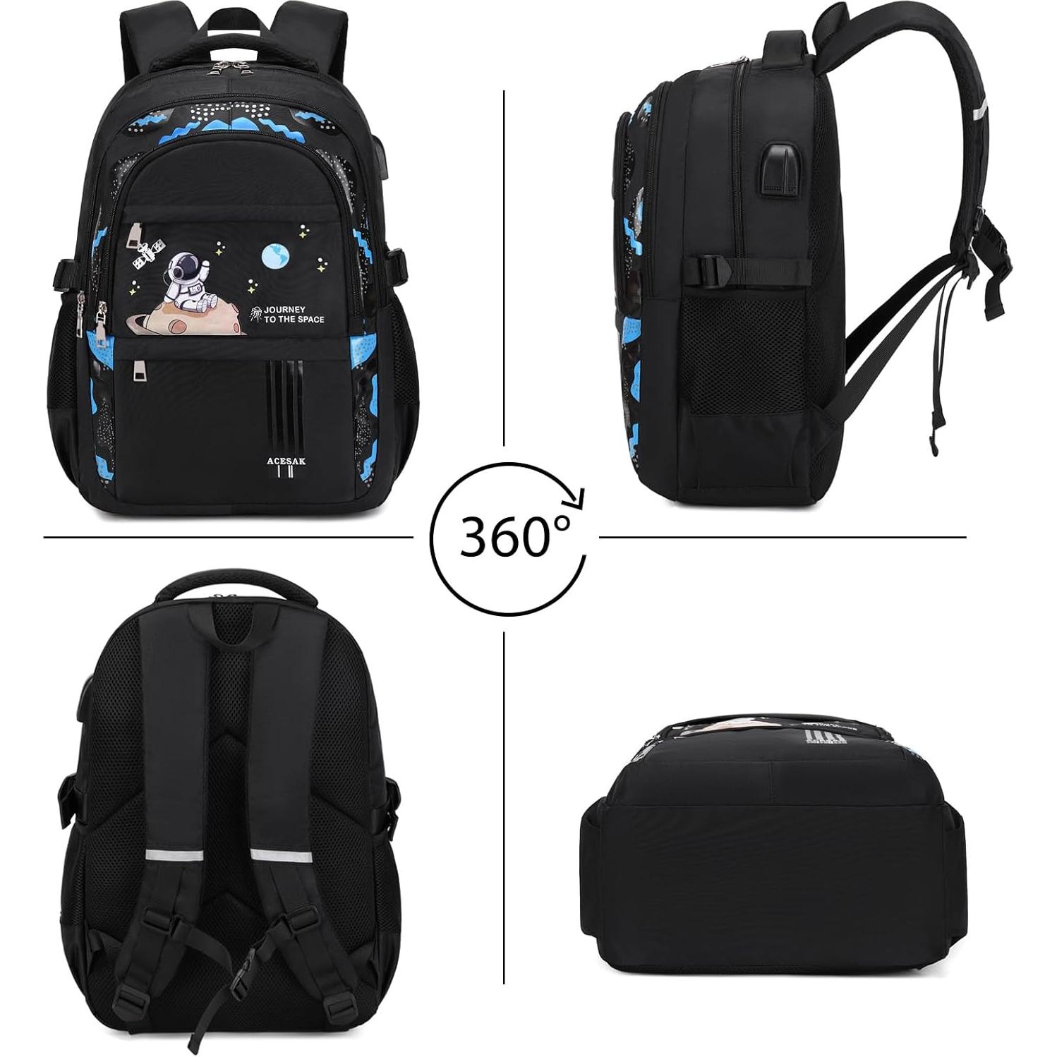 Mochila Escolar ACESAK Negra Impermeable 30x15x45 cm con Almuerzo