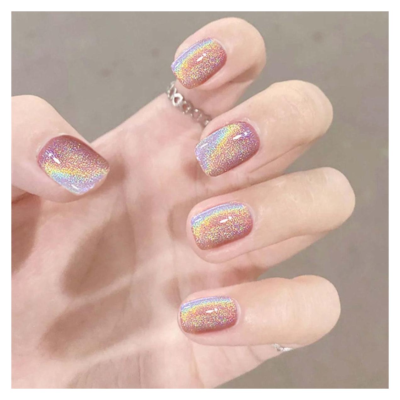 Uñas Falsas Cortas Cuadradas KASOICRA - 24 Pcs Brillantes