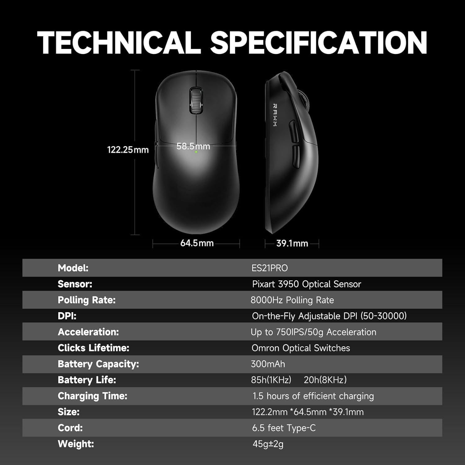 Ratón Inalámbrico para Juegos RAWM ES21PRO 8K, 47g, 30000 DPI