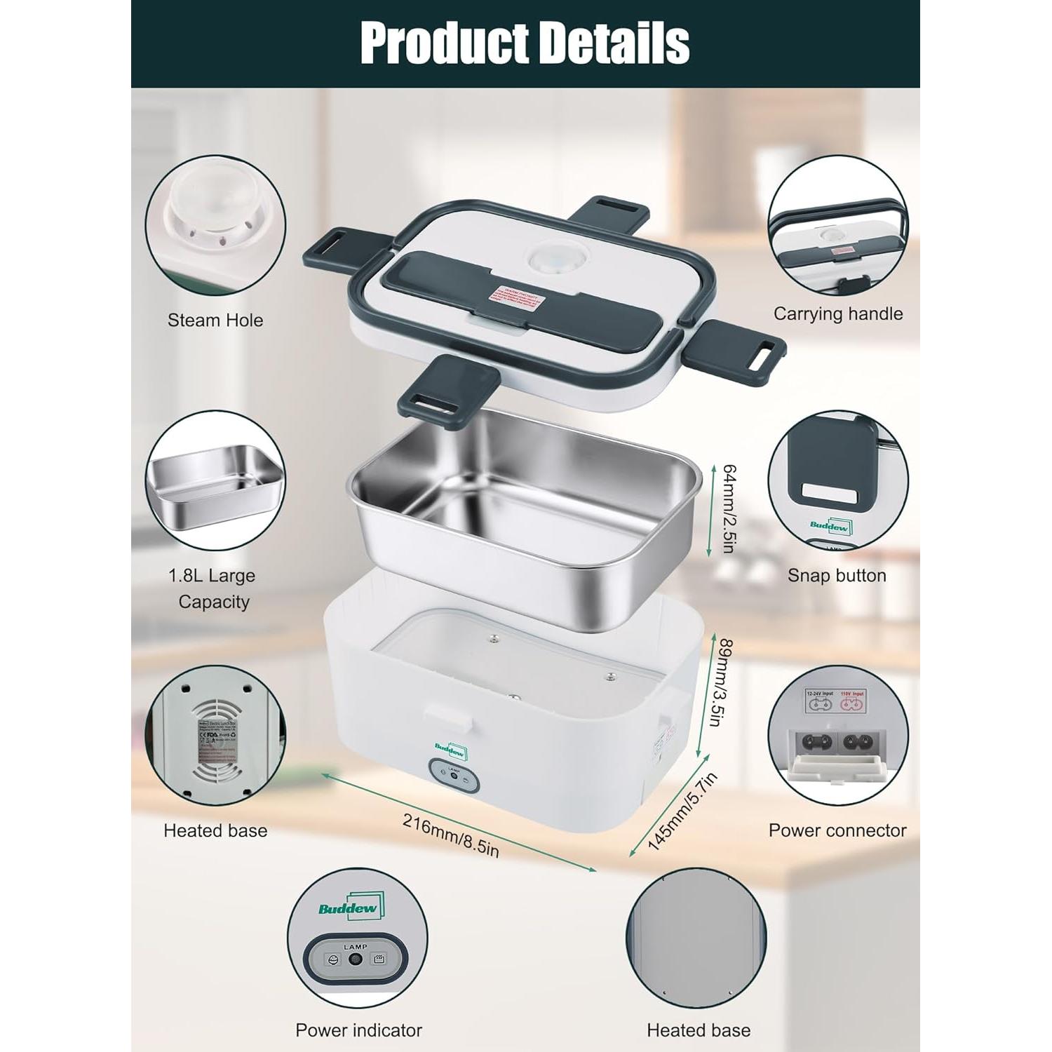 Caja de Almuerzo Eléctrica Buddew 1.8L 80W Gris Portátil