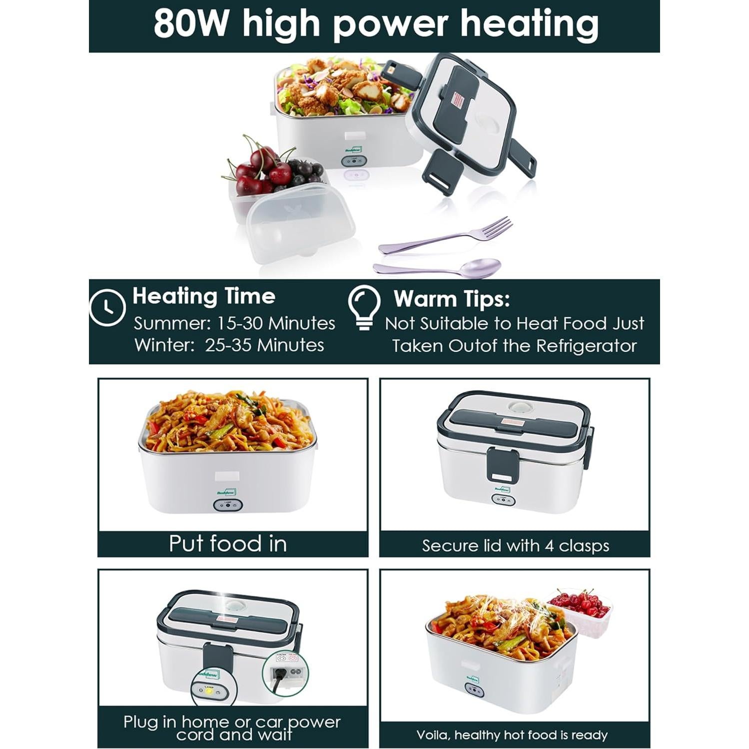 Caja de Almuerzo Eléctrica Buddew 1.8L 80W Gris Portátil