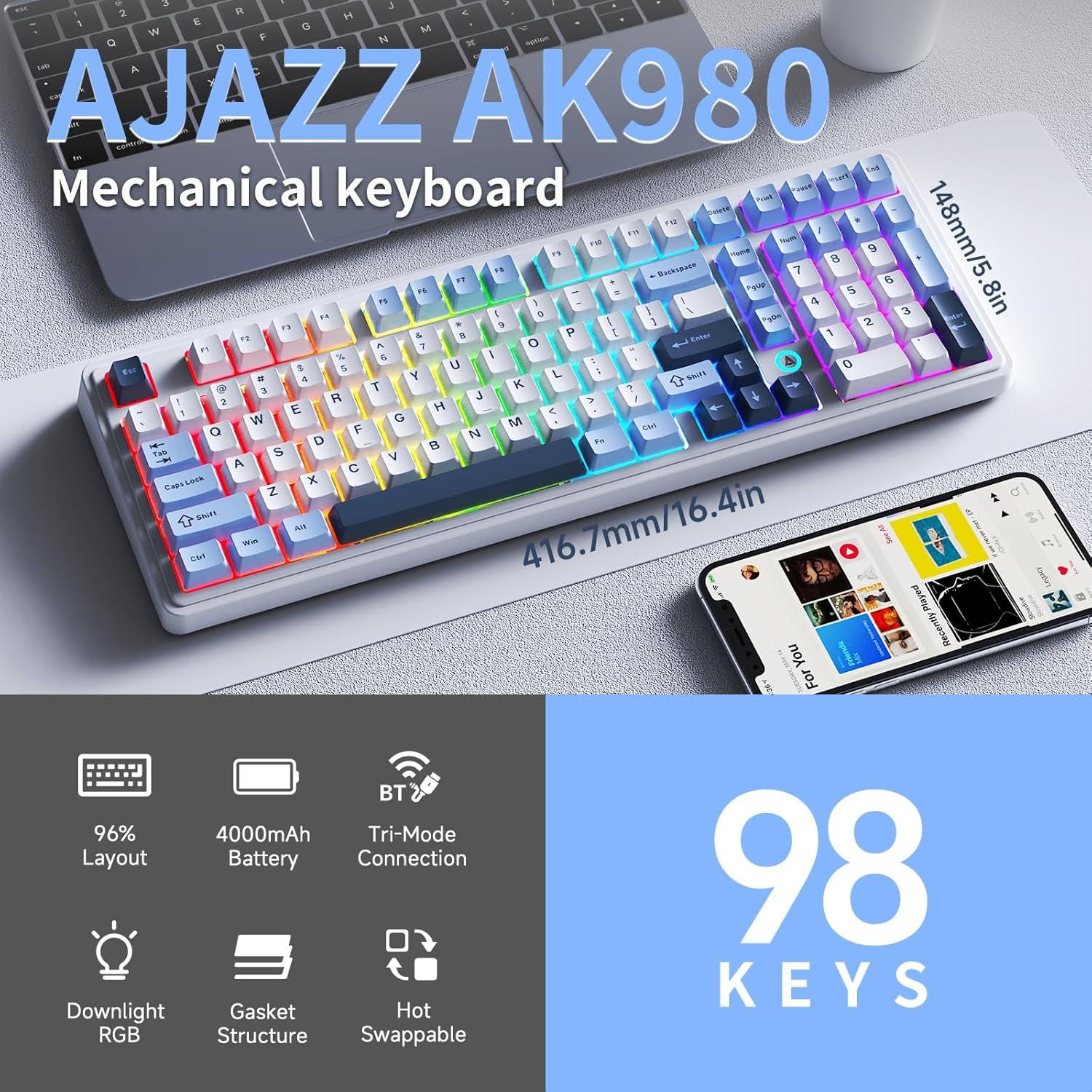 Teclado Mecánico Inalámbrico NACODEX AK980 RGB Azul Blanco