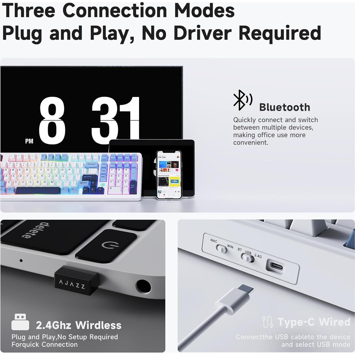 Teclado Mecánico Inalámbrico NACODEX AK980 RGB Azul Blanco