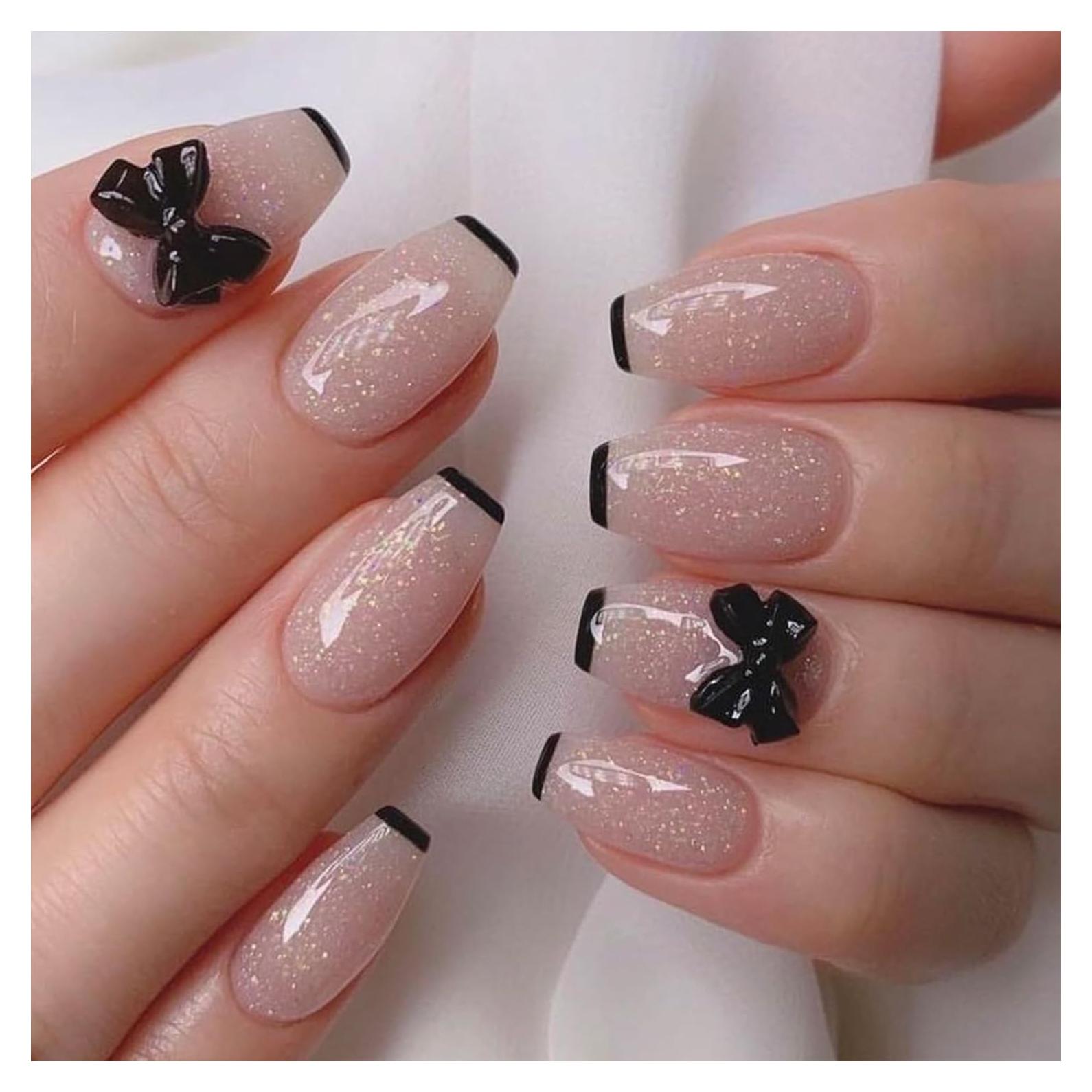 Uñas Postizas Cortas Acrílicas PXUEZAY 24 Pcs Lazo Negro