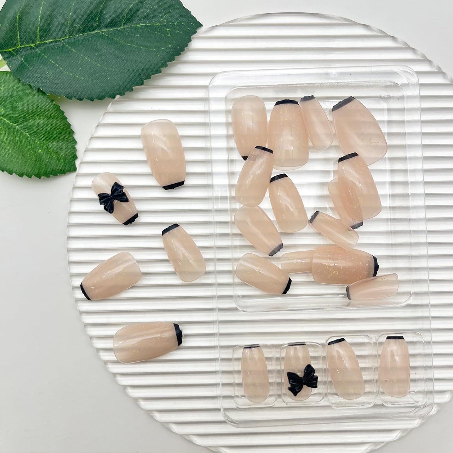 Uñas Postizas Cortas Acrílicas PXUEZAY 24 Pcs Lazo Negro