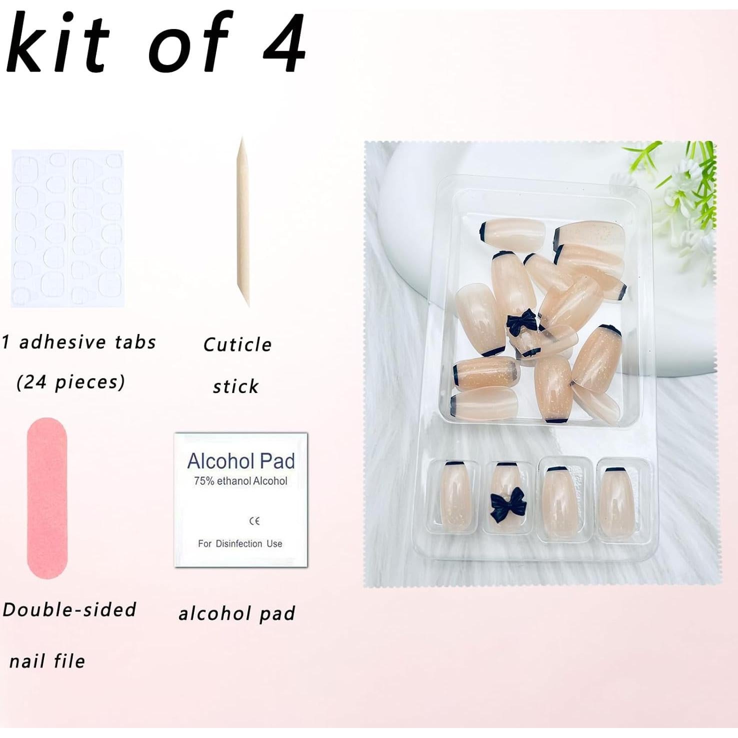 Uñas Postizas Cortas Acrílicas PXUEZAY 24 Pcs Lazo Negro