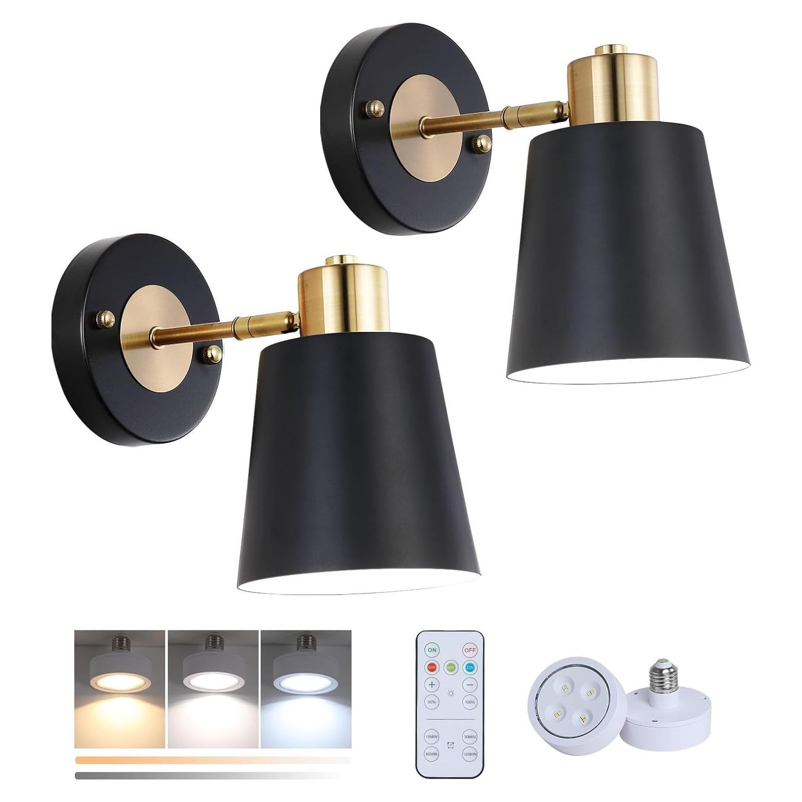 Juego de Apliques de Pared LED a Pilas Geluobo Negro y Dorado