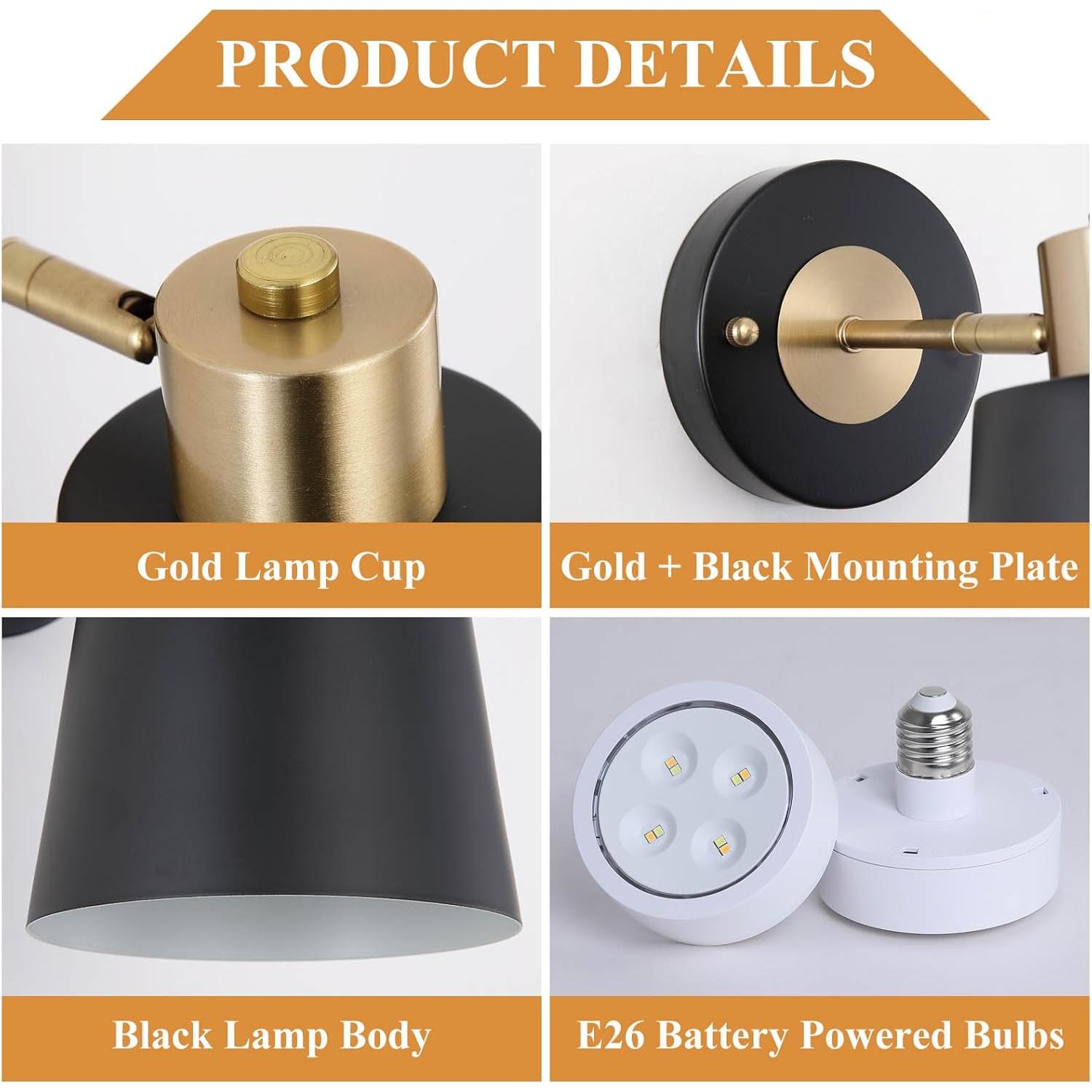Juego de Apliques de Pared LED a Pilas Geluobo Negro y Dorado