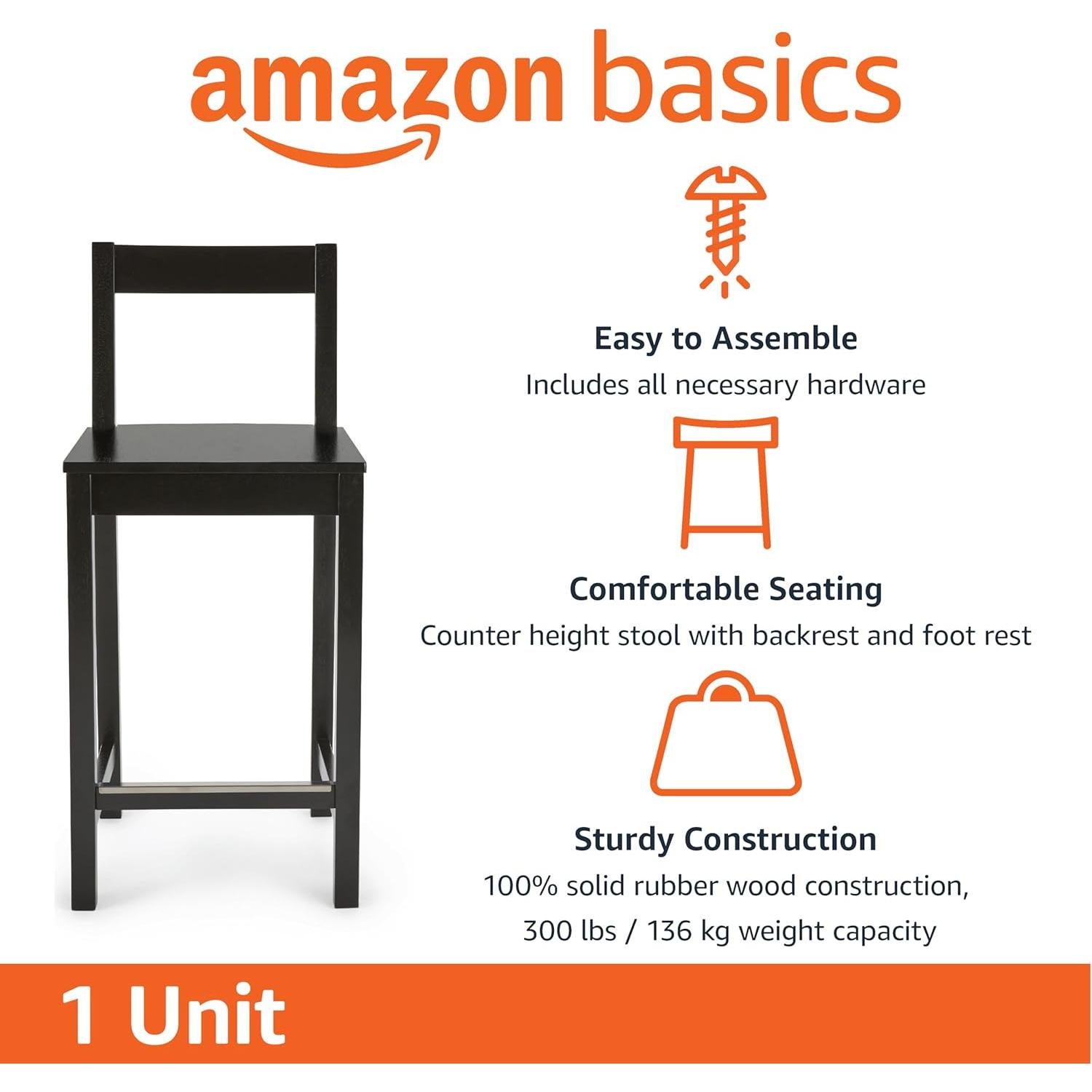 Taburete de Madera Amazon Basics con Respaldo Negro 60.96 cm