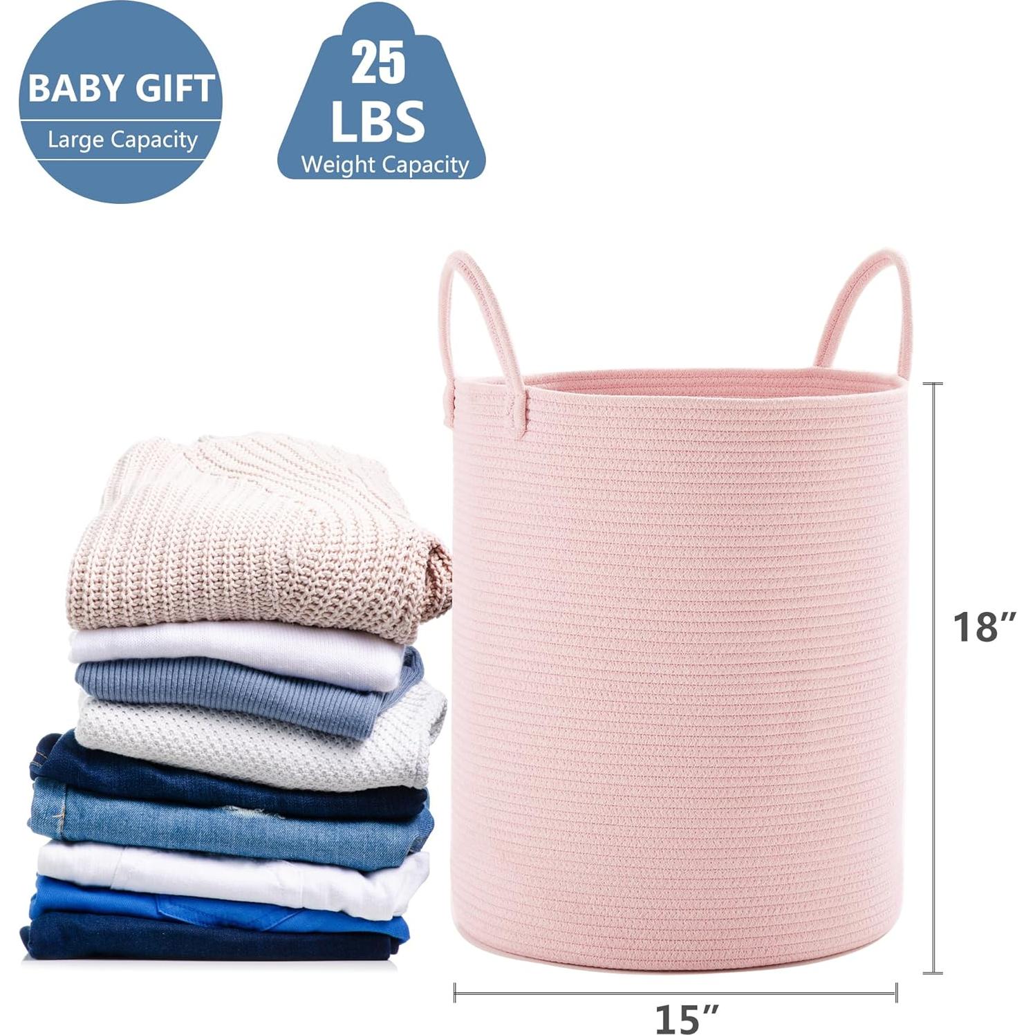 Cesta de lavandería rosa MOJOSCEND 50L algodón redonda