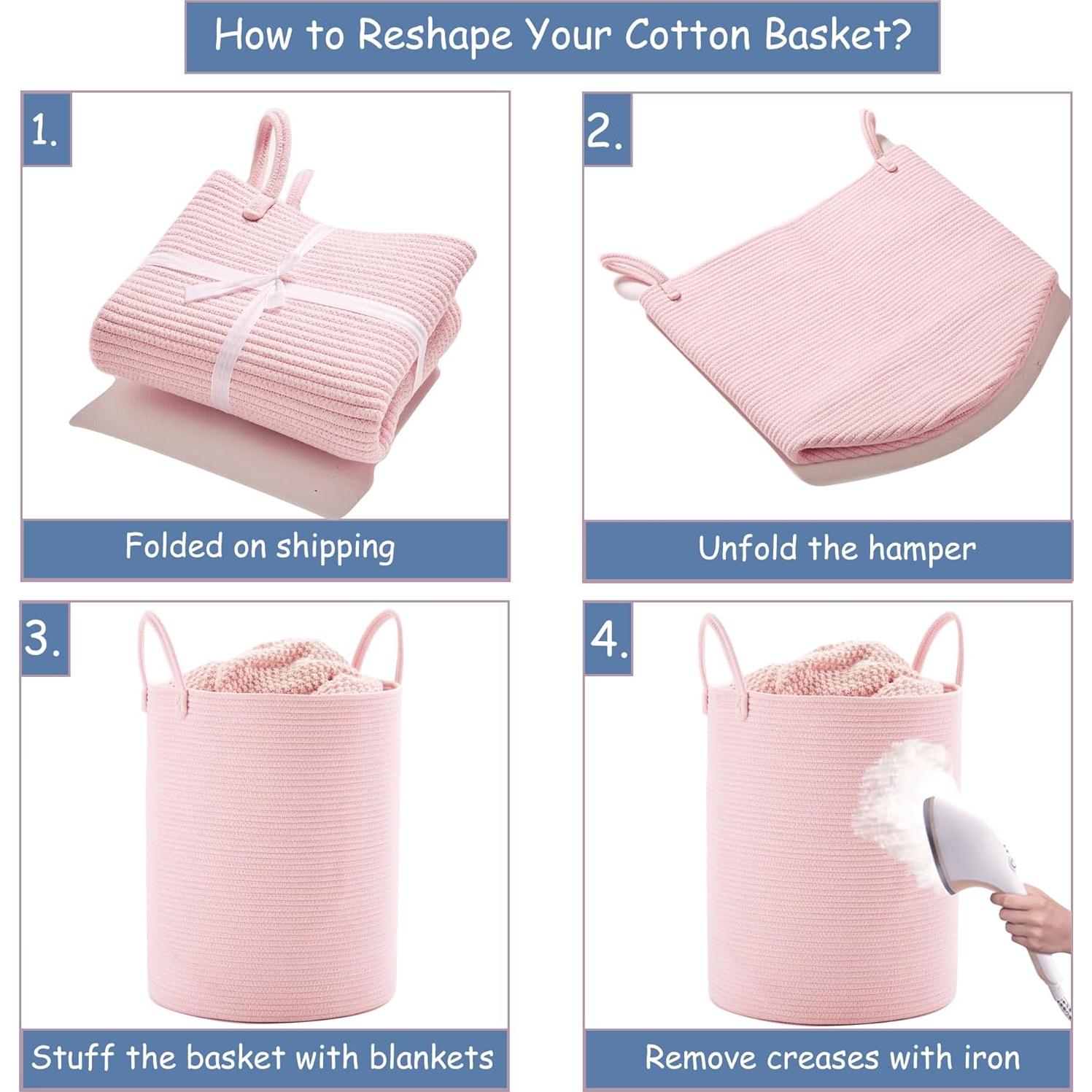 Cesta de lavandería rosa MOJOSCEND 50L algodón redonda