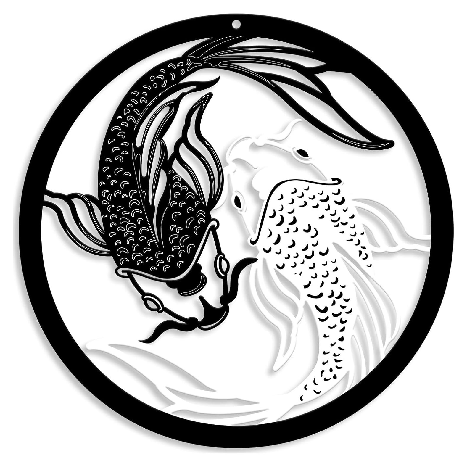 Arte de Pared de Metal Creoate Pez Koi 30x30cm Blanco y Negro