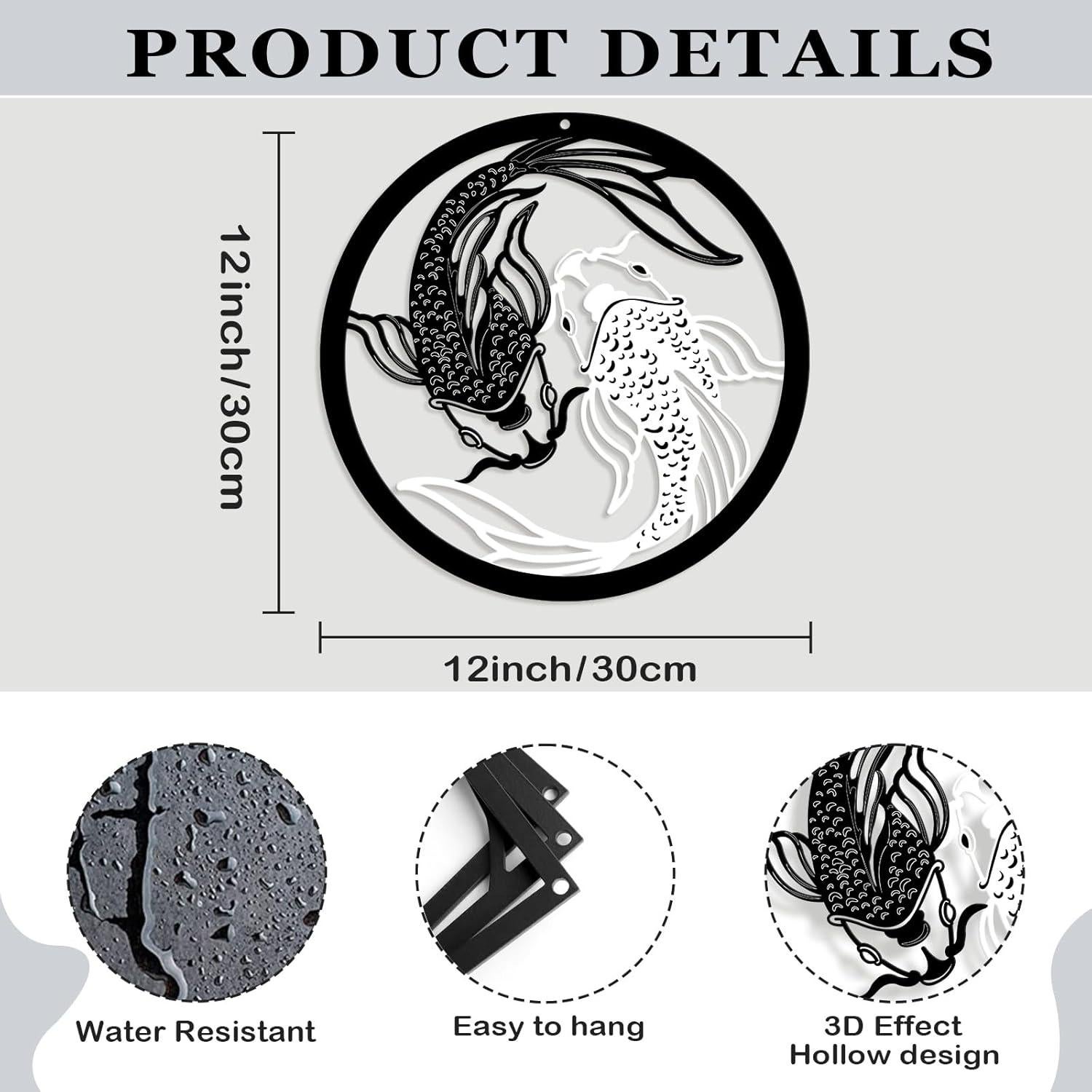 Arte de Pared de Metal Creoate Pez Koi 30x30cm Blanco y Negro