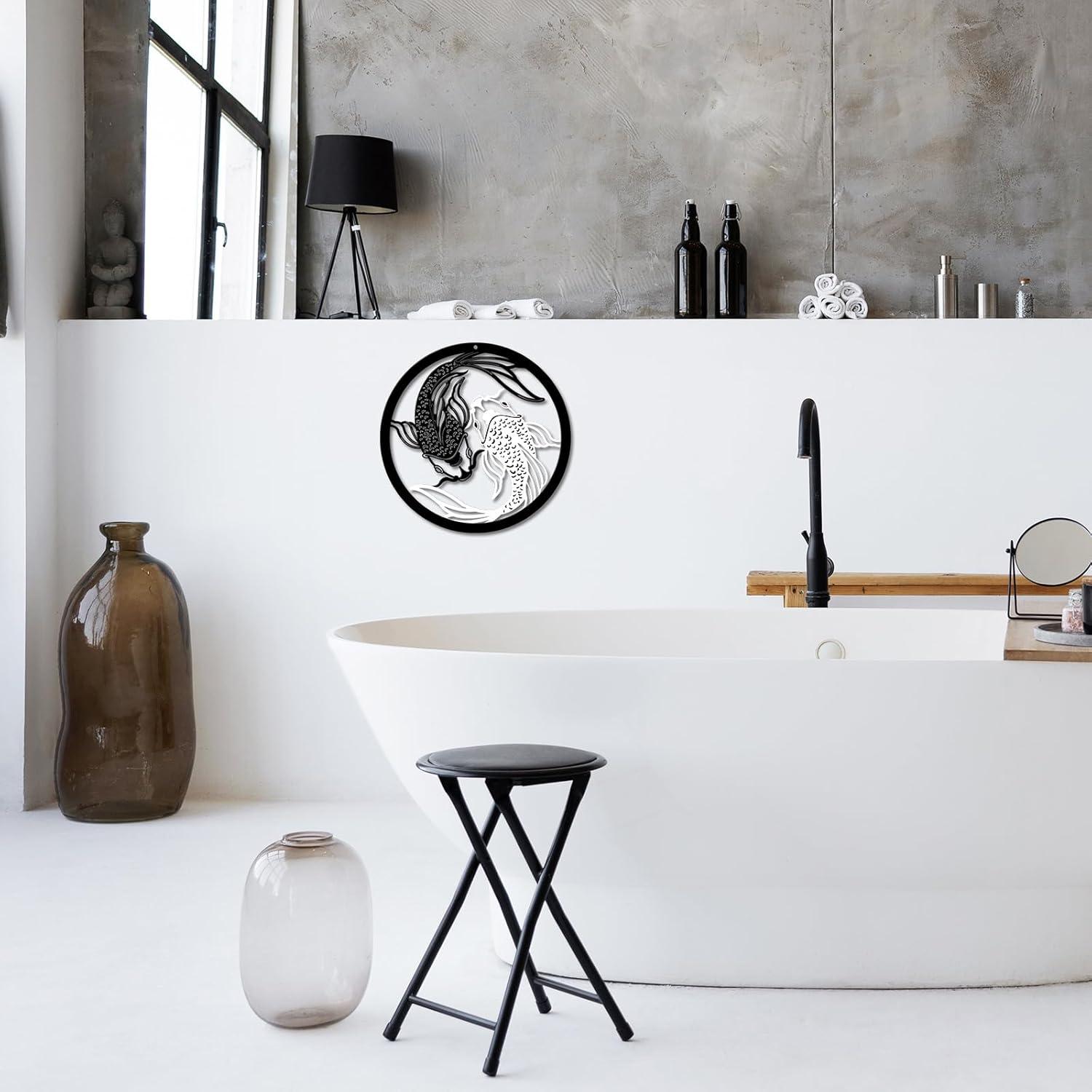 Arte de Pared de Metal Creoate Pez Koi 30x30cm Blanco y Negro