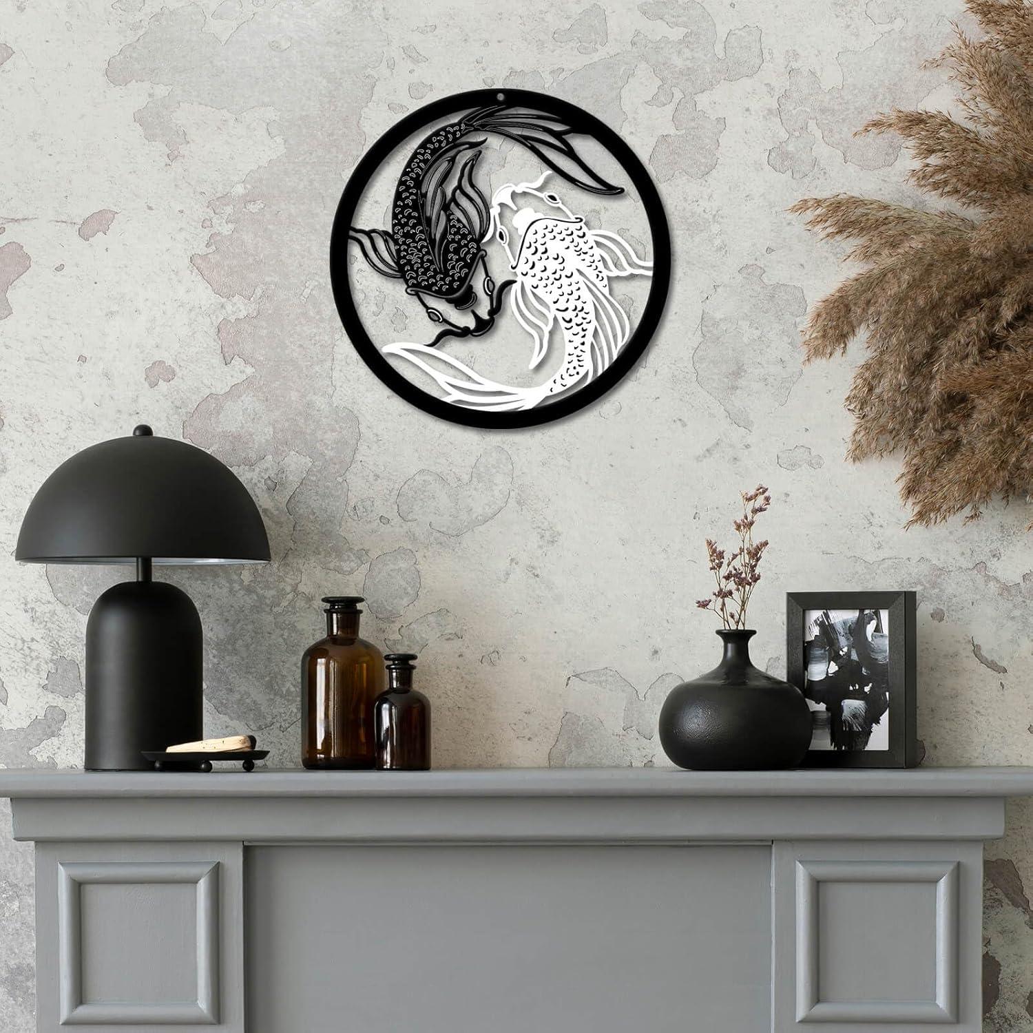 Arte de Pared de Metal Creoate Pez Koi 30x30cm Blanco y Negro