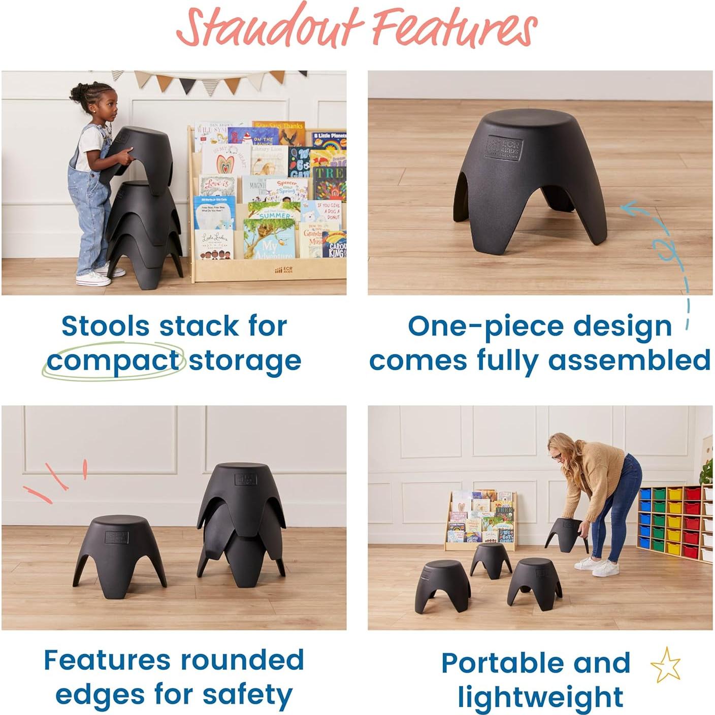 Conjunto de 4 Taburetes Ayana ECR4Kids, Asientos Flexibles, Negro