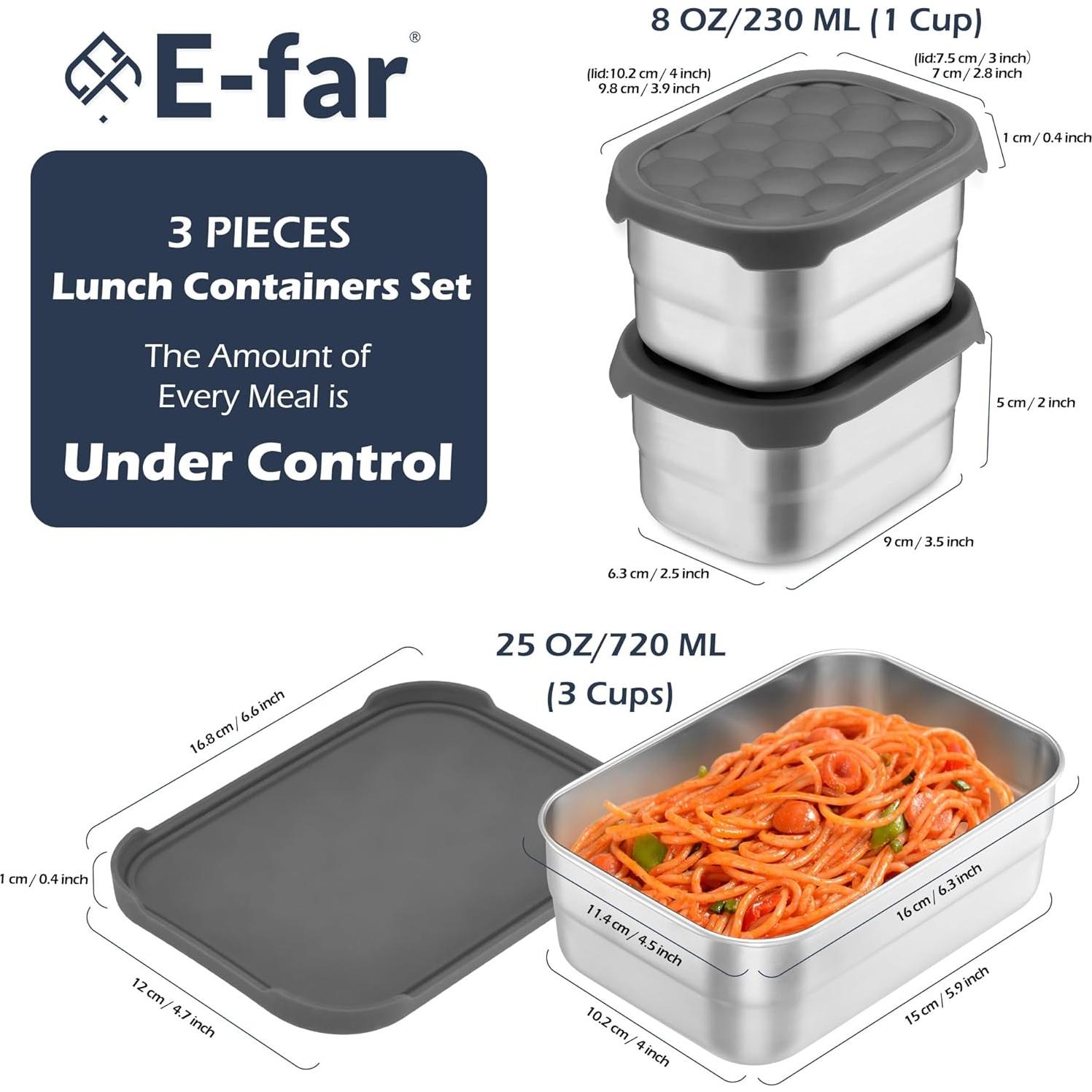 Contenedores de Almuerzo E-far Acero Inoxidable 3 Piezas 720ml