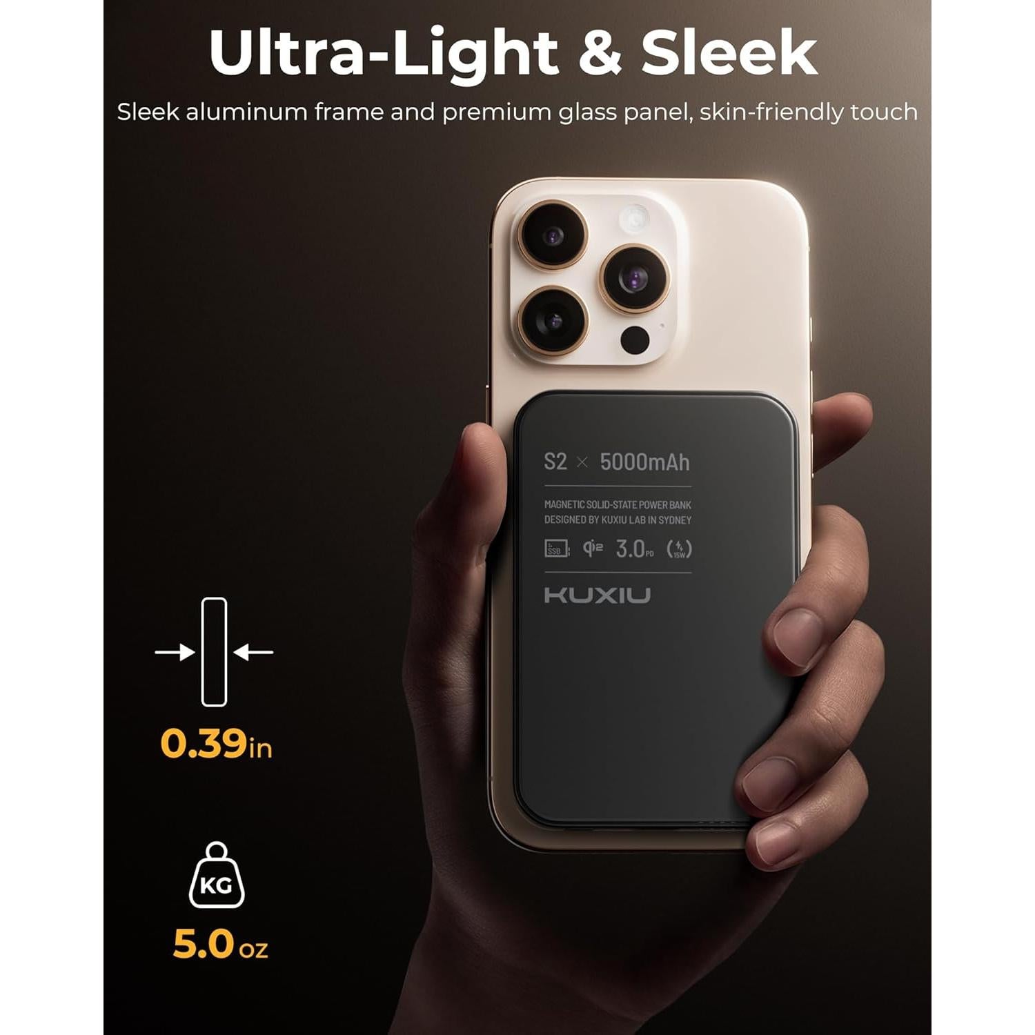 Cargador Portátil KUXIU S2 5000mAh Magnético Qi2 15W Negro