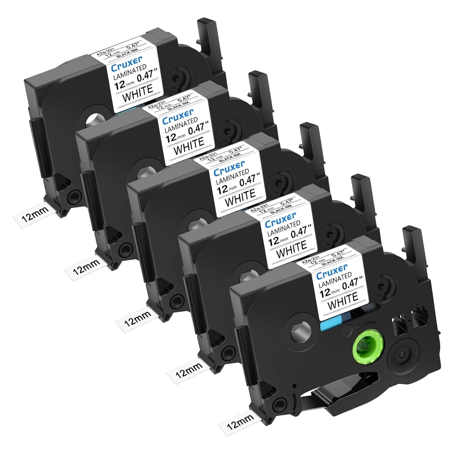 Cinta de Etiqueta Cruxer 12mm Negra sobre Blanca - 5 Paquete
