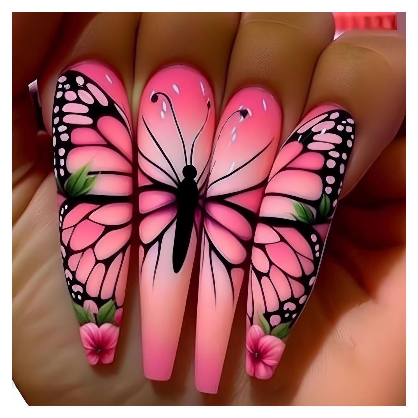Uñas Postizas Cuadradas Rosa Gradiente con Mariposas 24 Pcs