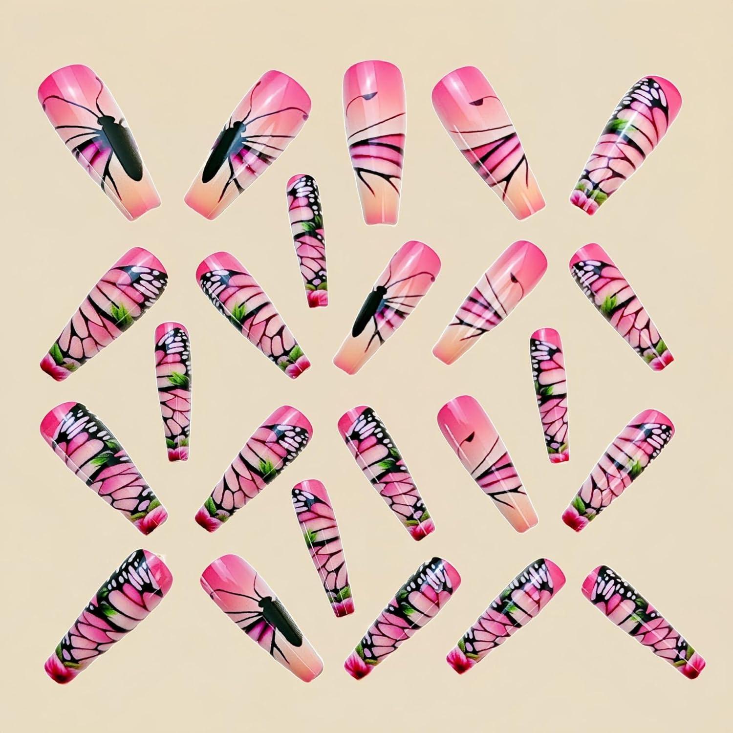 Uñas Postizas Cuadradas Rosa Gradiente con Mariposas 24 Pcs