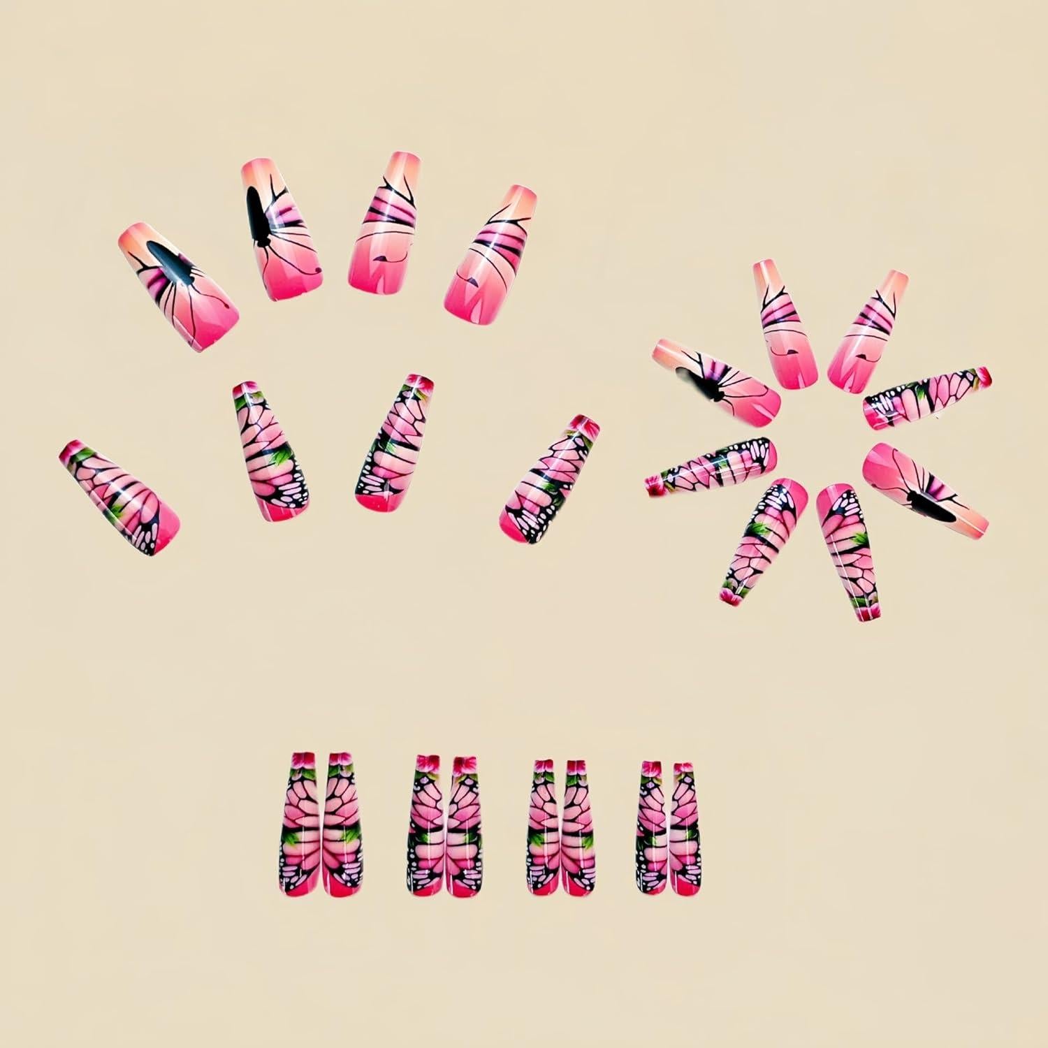 Uñas Postizas Cuadradas Rosa Gradiente con Mariposas 24 Pcs