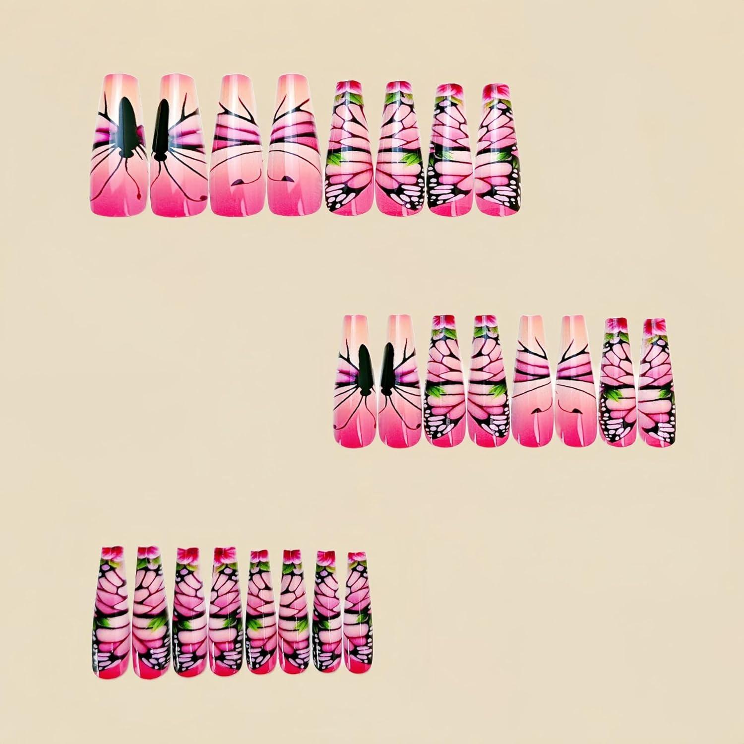 Uñas Postizas Cuadradas Rosa Gradiente con Mariposas 24 Pcs