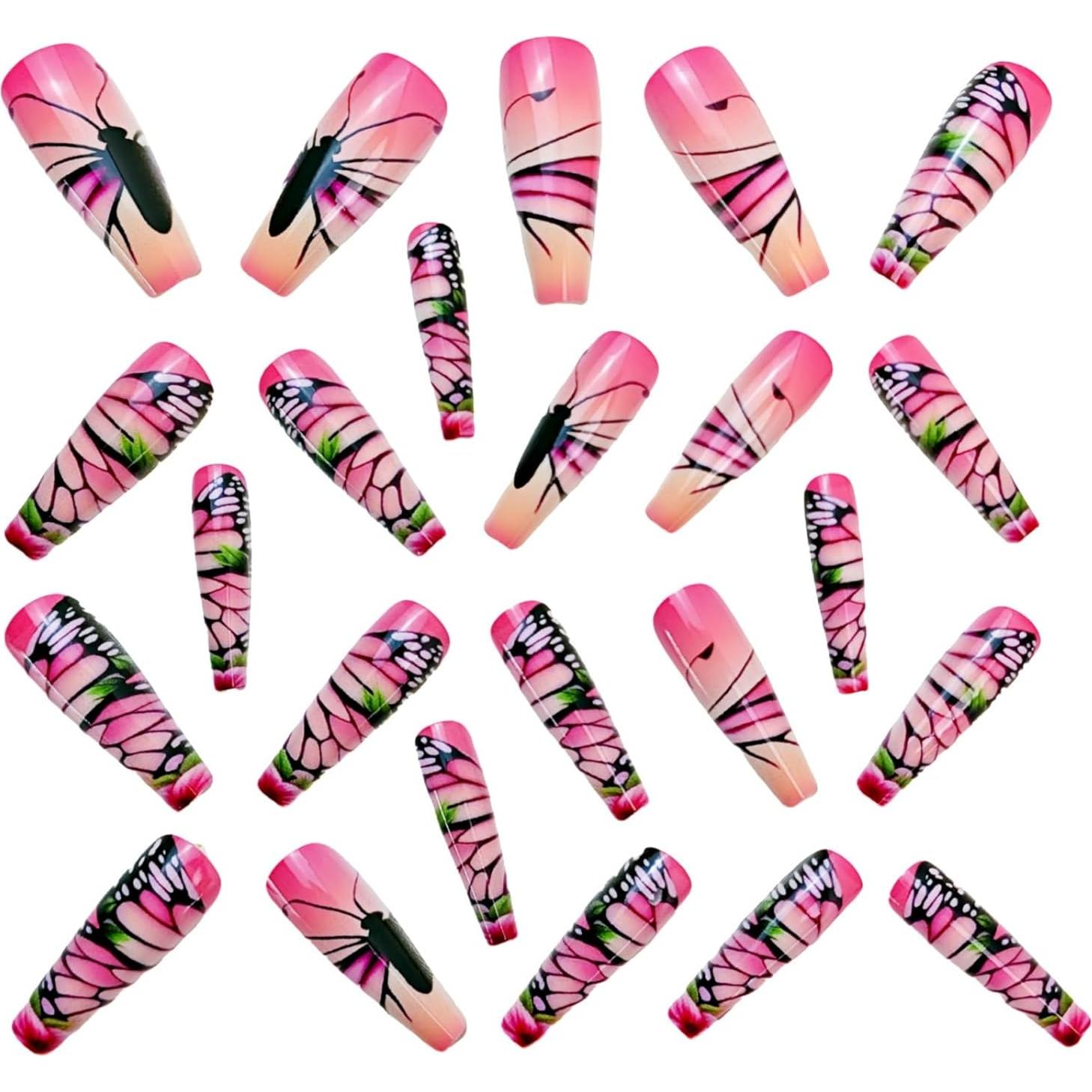 Uñas Postizas Cuadradas Rosa Gradiente con Mariposas 24 Pcs