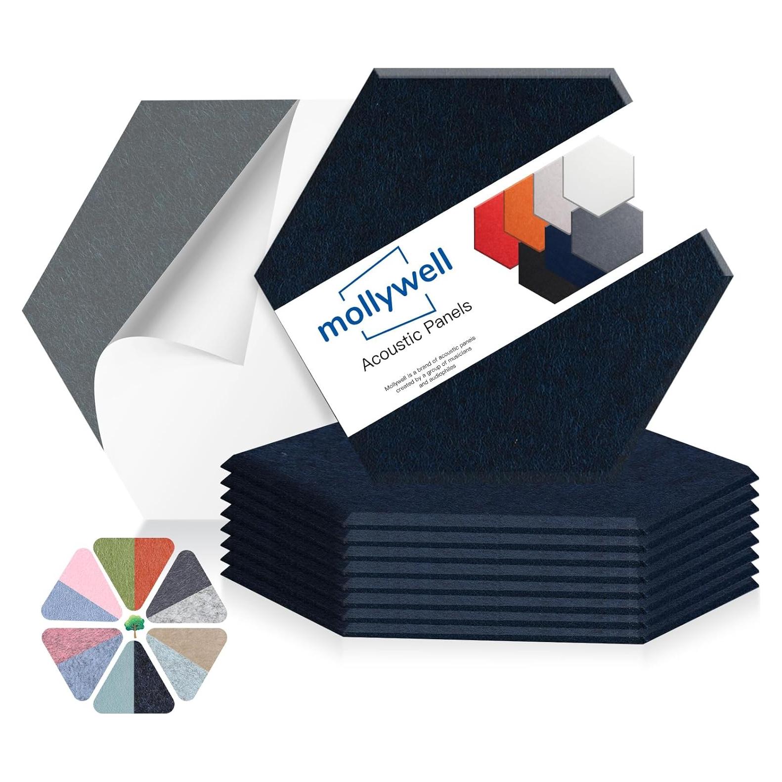 Paneles Acústicos Hexagonales Mollywell 35.56x30.48 cm Azul Profundo