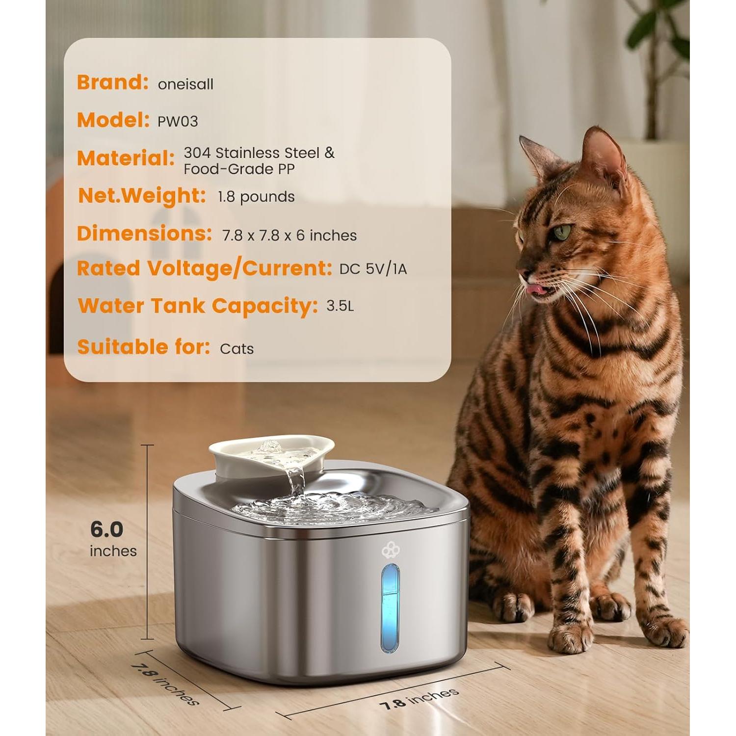 Fuente de Agua para Gatos Oneisall PW03 Acero Inoxidable 3.5L