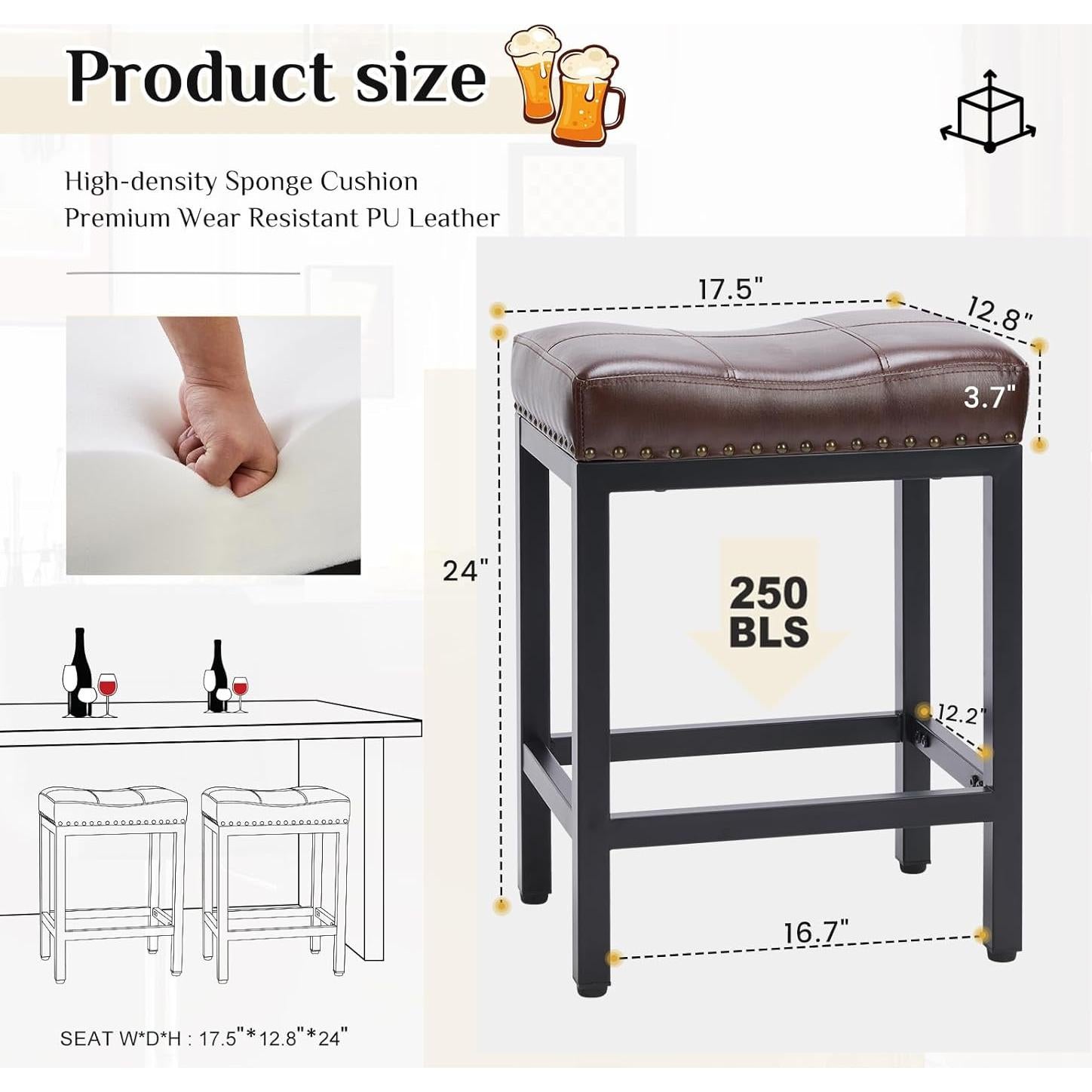 Conjunto de 2 Taburetes de Bar Sweetcrispy 61 cm Cuero PU