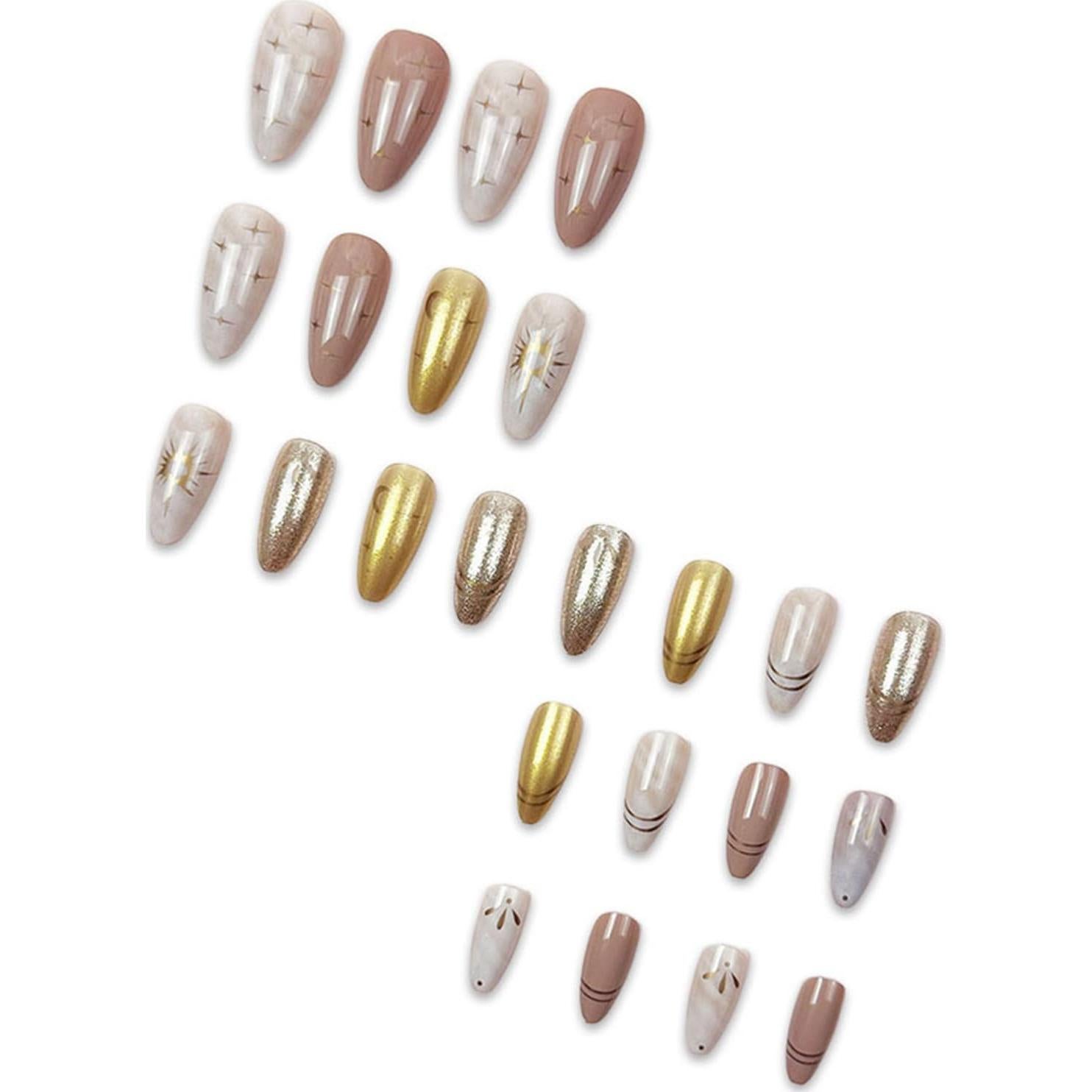 24 Uñas Postizas Almendra Cortas NEWSPIED con Diseño Dorado