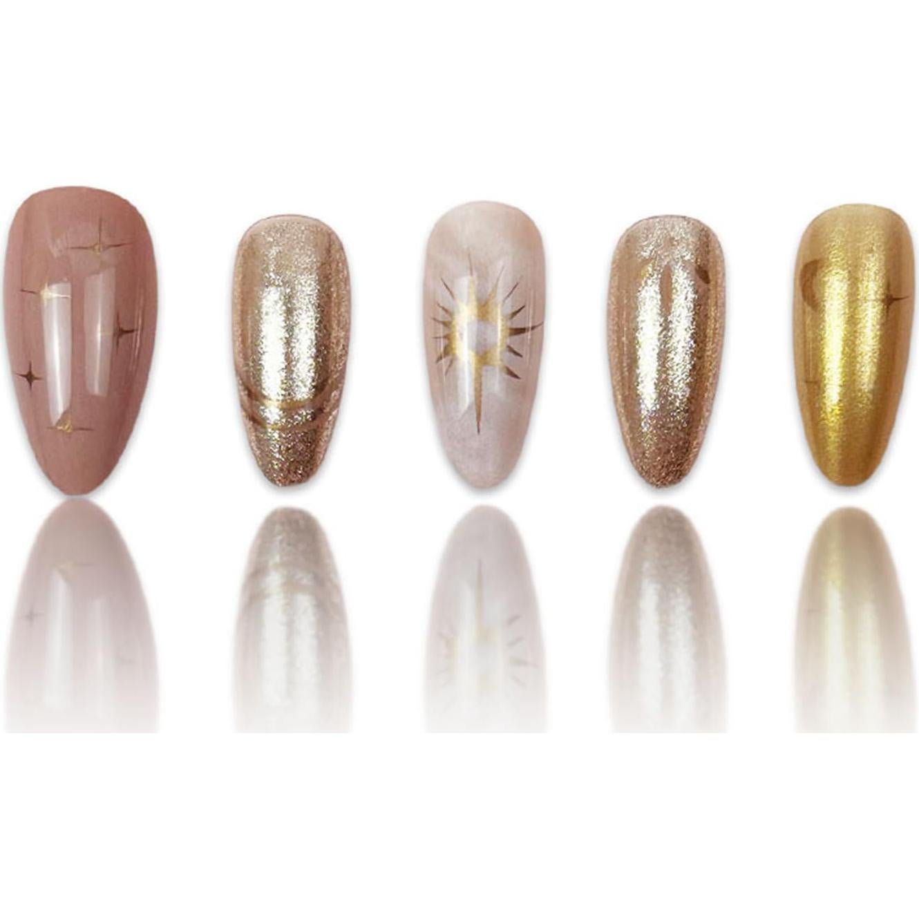 24 Uñas Postizas Almendra Cortas NEWSPIED con Diseño Dorado