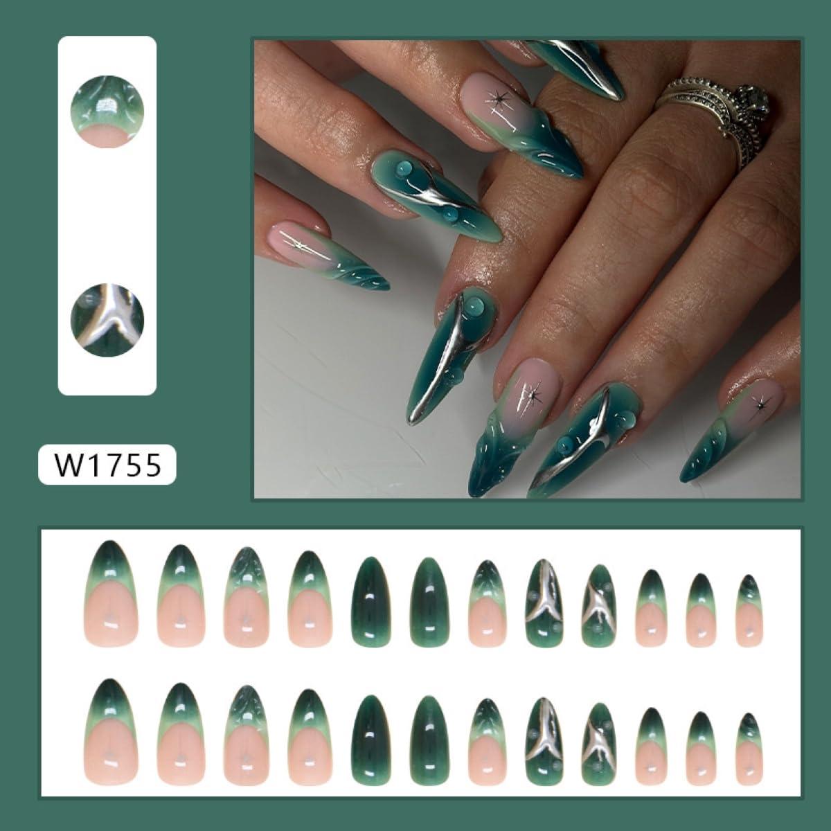 Uñas Postizas Almendra Mediana Sevgob 24pcs Verde con Línea Plateada