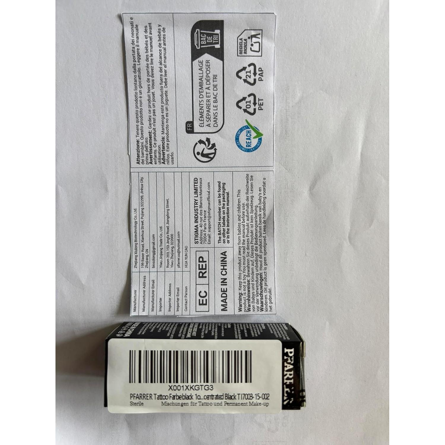 Tinta de Tatuaje Negra PFARRER 15ml Vegana Alta Calidad